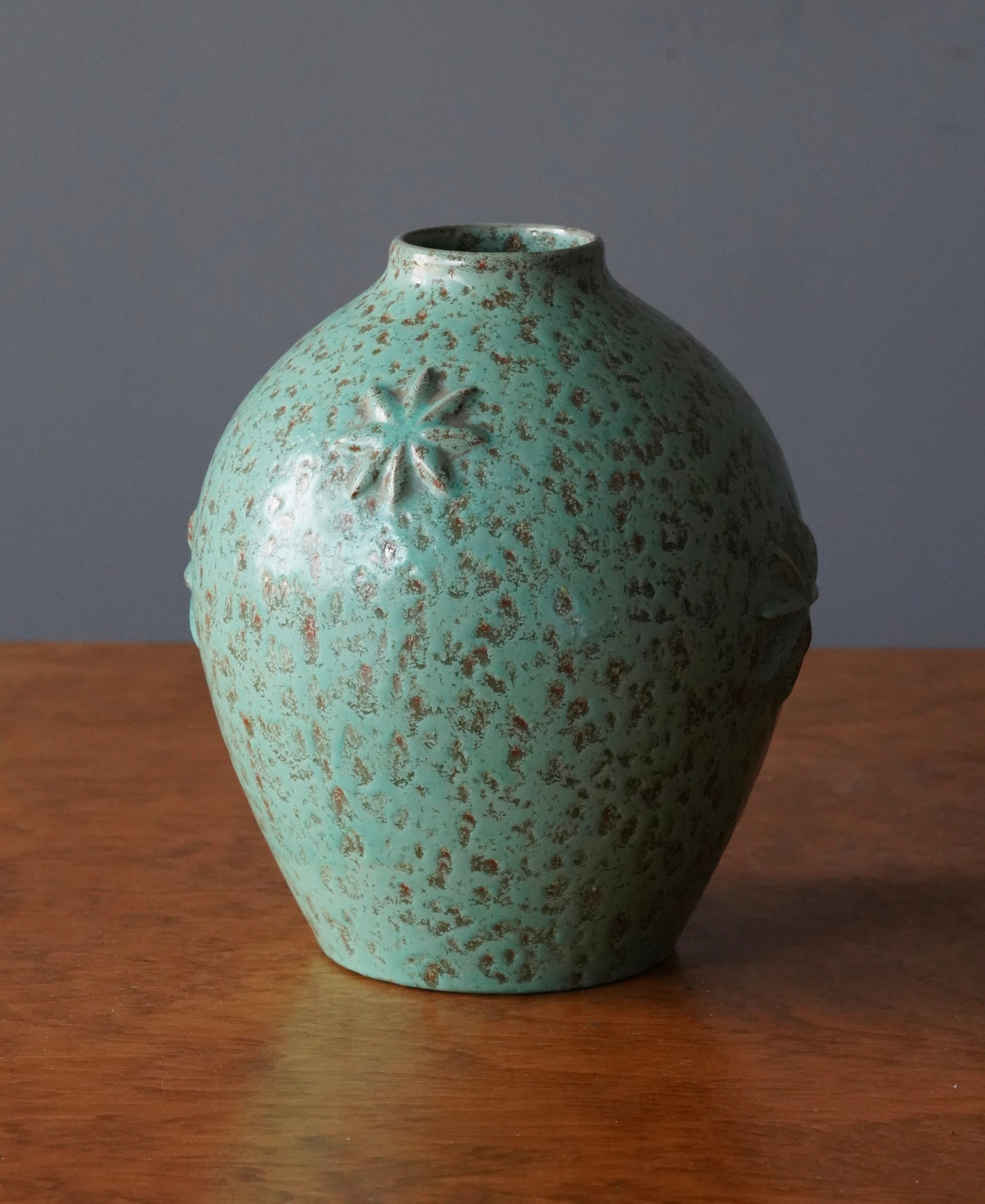 Swedish Jerk Werkmäster, Vase, Glazed Green Ceramic, Nittsjö, Sweden, 1940s
