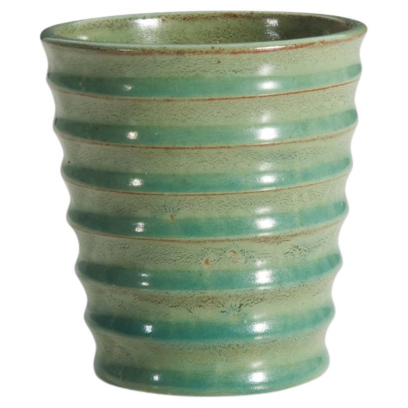 Jerk Werkmäster, Vase, Green-Glazed Earthenware, Nittsjö, Sweden, 1940s