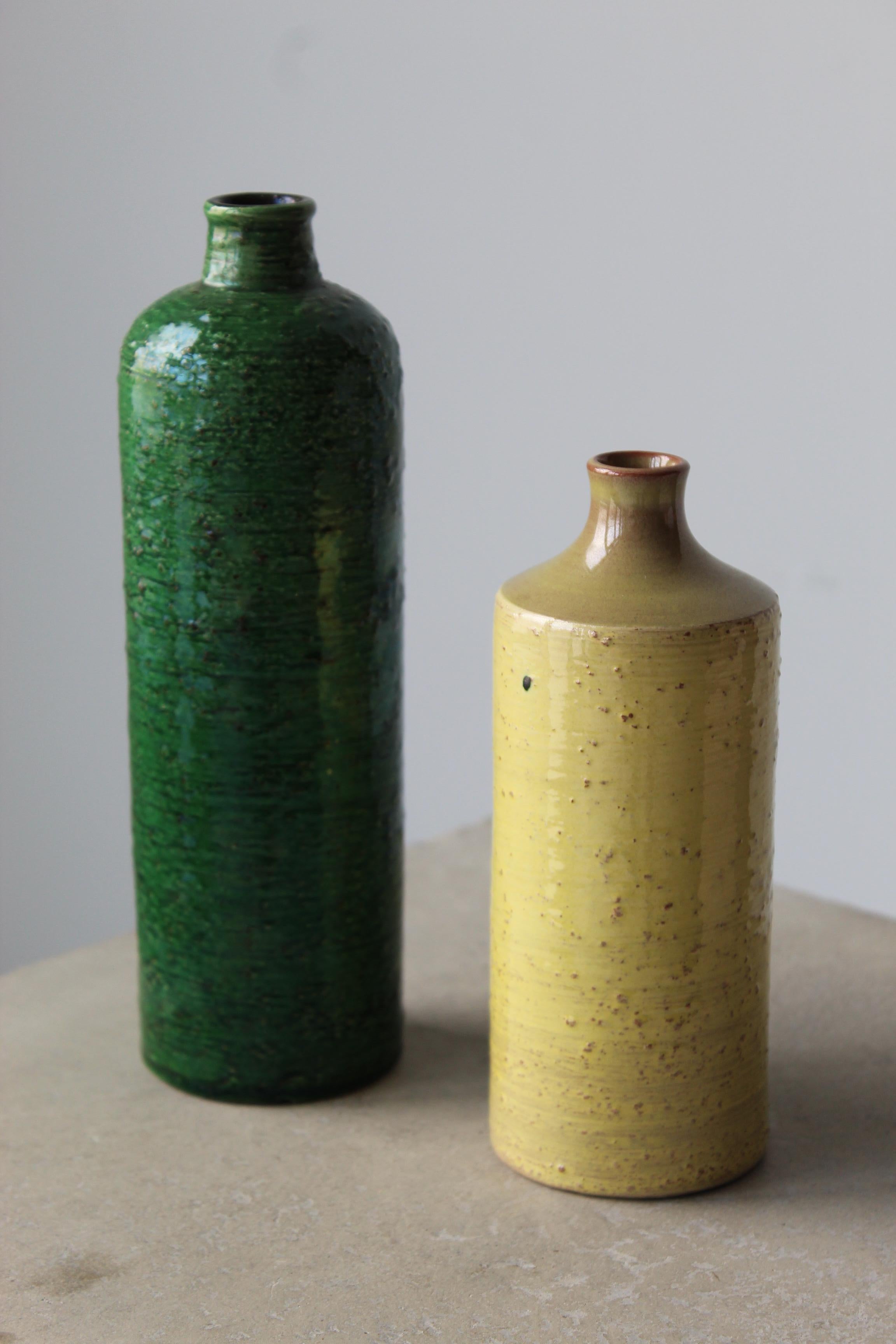 Swedish Jerk Werkmäster, Vases, Glazed Yellow and Green Ceramic, Nittsjö, Sweden, 1940s