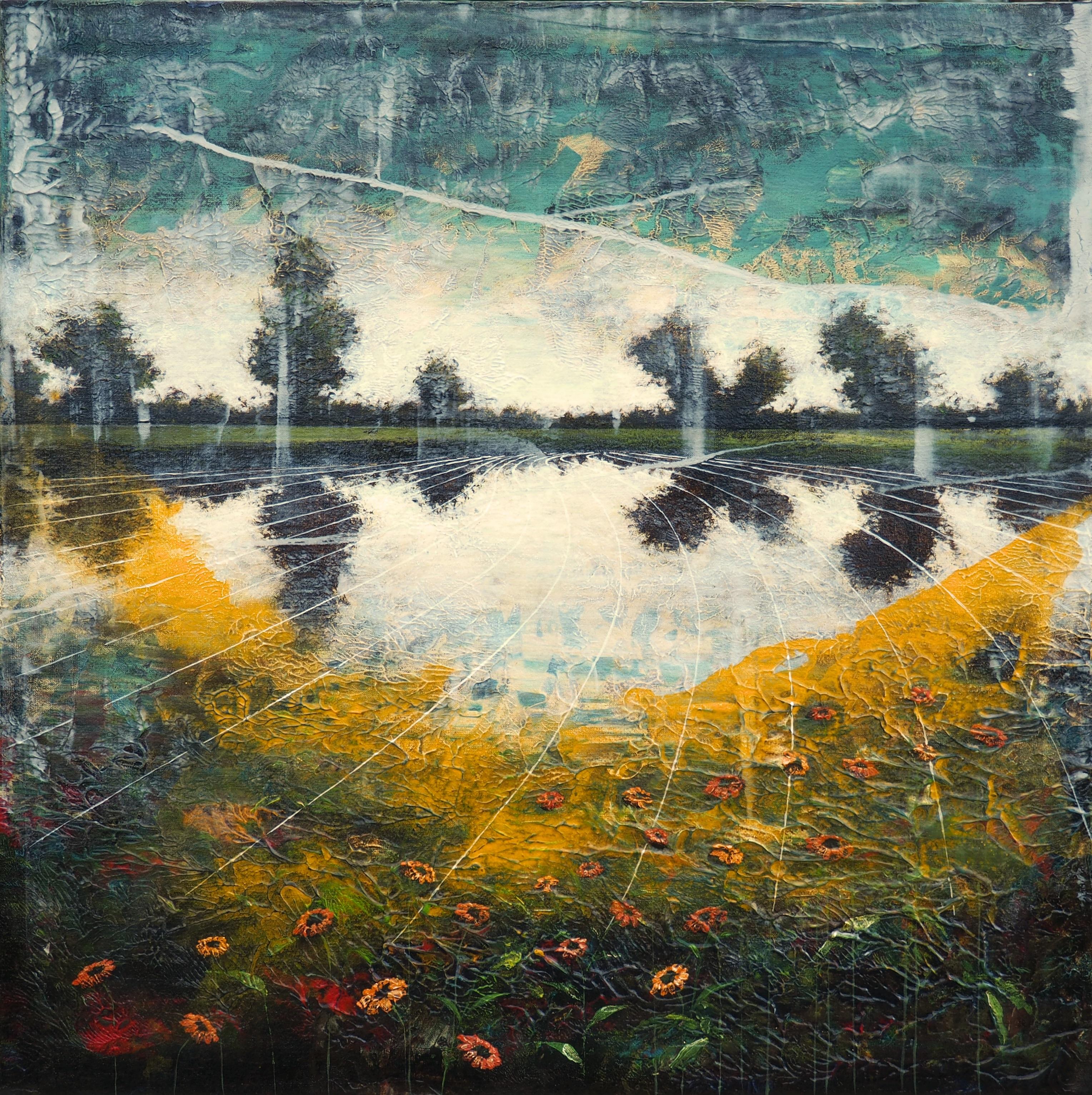 Landscape Painting Jernej Forbici - Peinture à l'huile et à l'acrylique « James's Daisies with a Sunbeam » sur toile  En stock