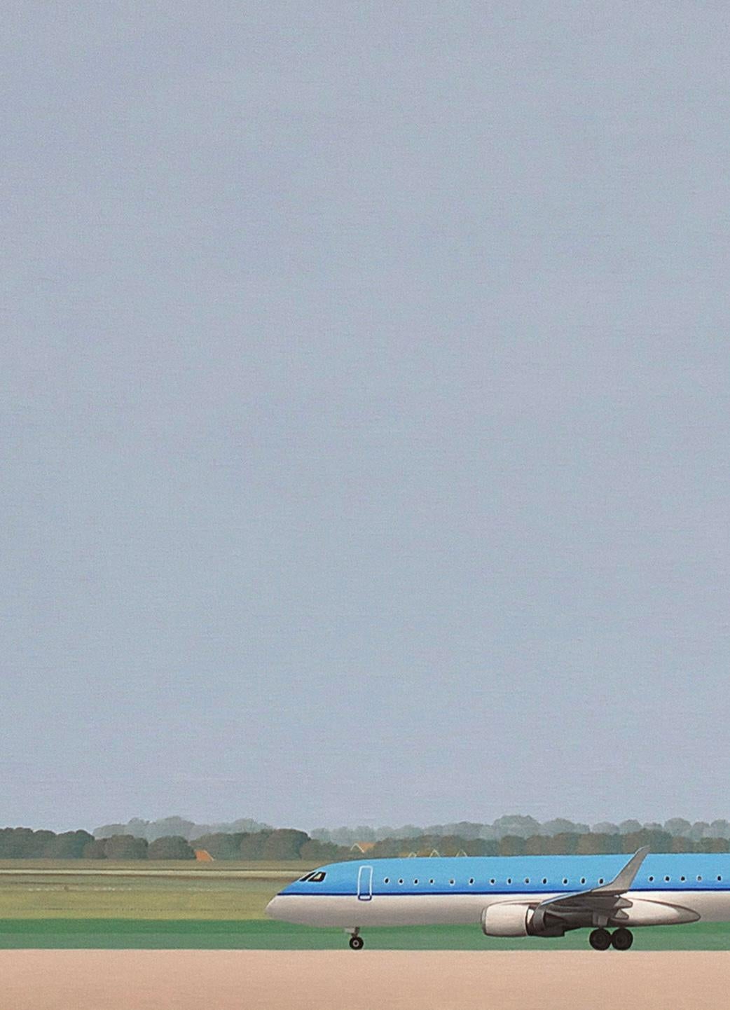 Ce magnifique tableau de Jeroen Allart fait partie d'une série de peintures minimalistes de paysages et d'animaux qu'il a réalisées dans son pays d'origine, les Pays-Bas.
Une ferme se dresse devant vous à l'horizon. Un moulin à vent fend