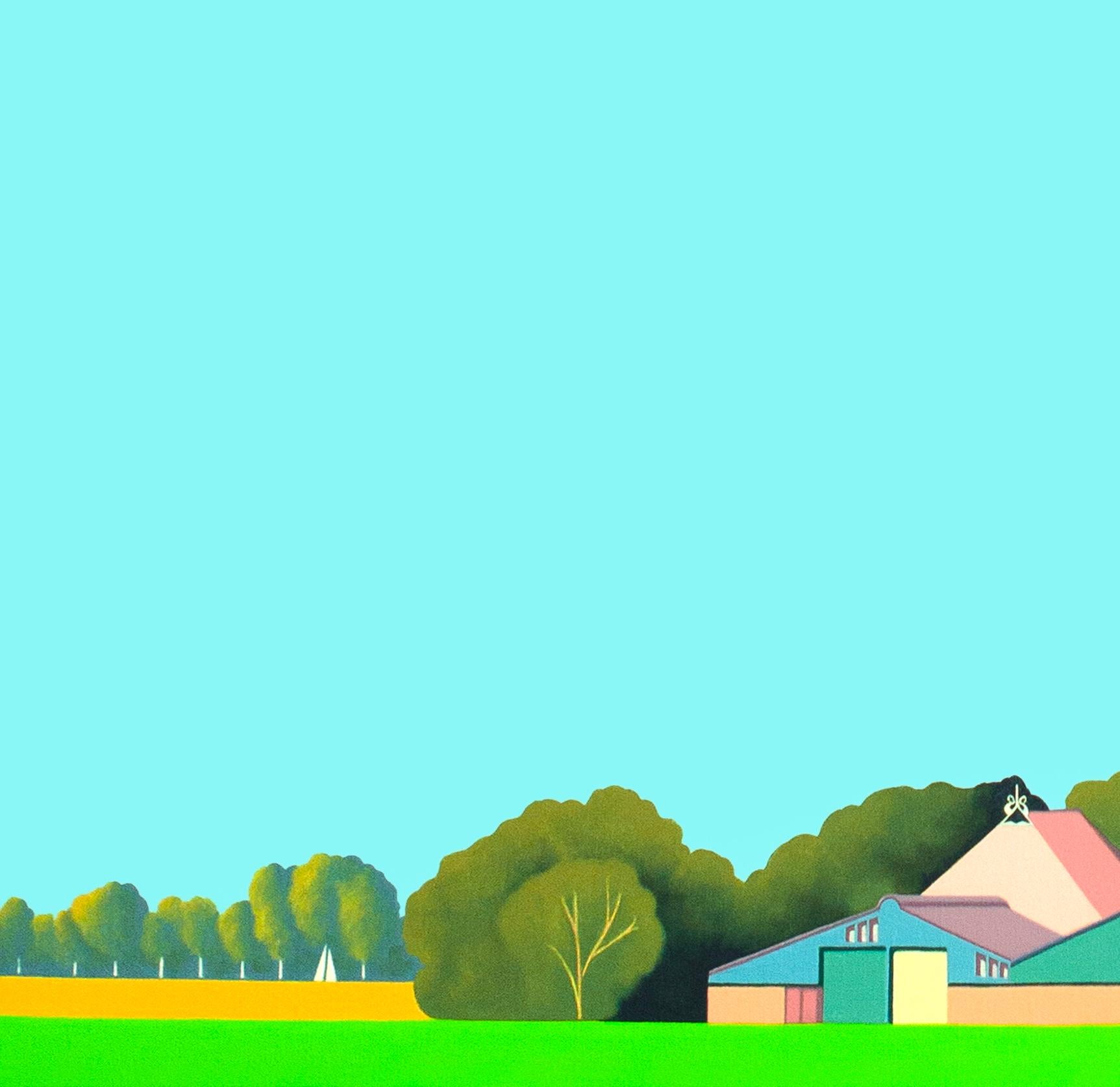 Questo bellissimo paesaggio dipinto da Jeroen Allart fa parte dei suoi dipinti di paesaggi minimalisti realizzati nel suo paese d'origine, l'Olanda.

La fattoria IA si staglia davanti a te all'orizzonte. Un mulino a vento taglia maestosamente il