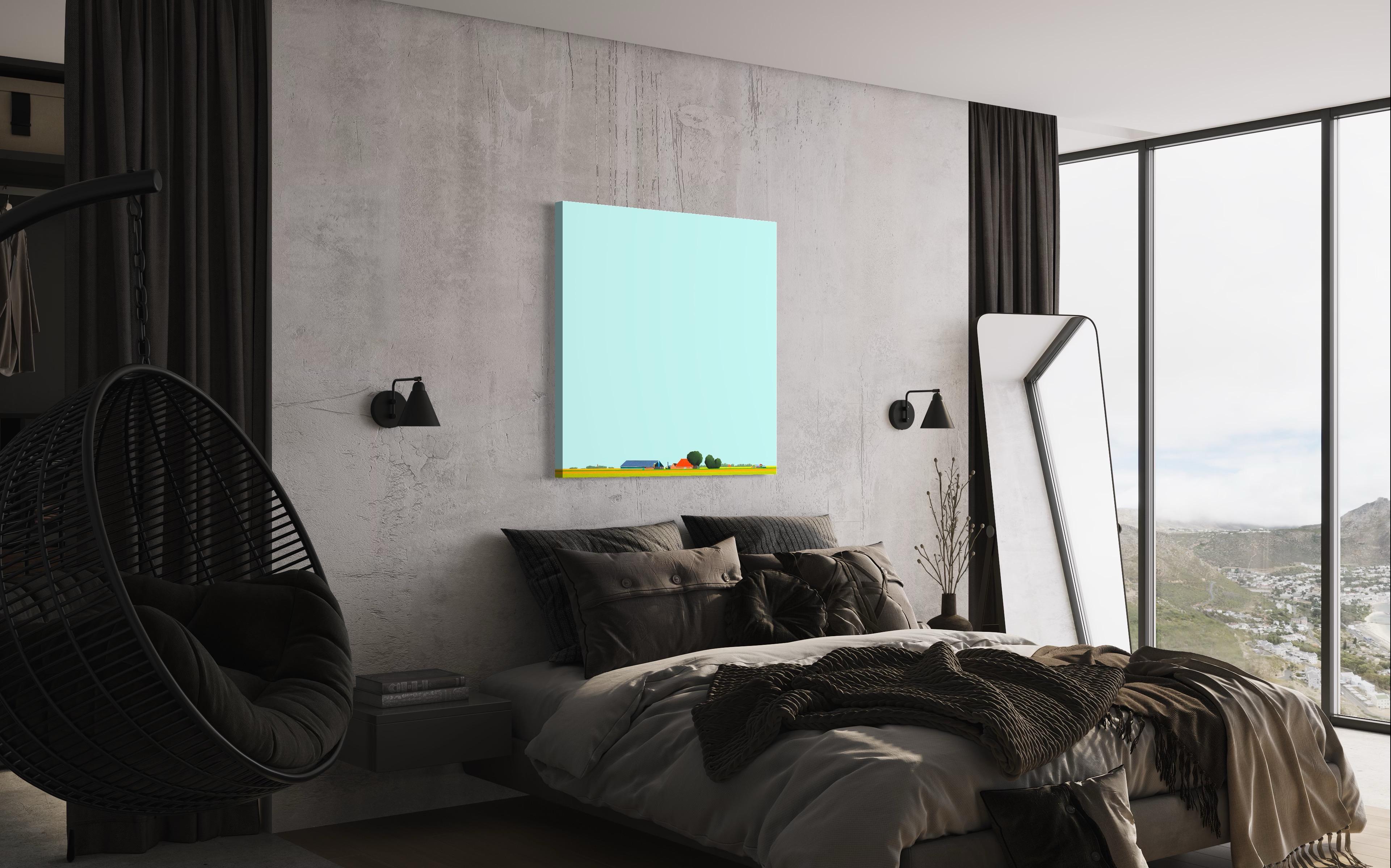 This beautiful landscape painting by Jeroen Allart is part of his minimalist landscape painting he did in his home country the Netherlands.

A farm stands before you on the horizon. A windmill majestically slices the blue sky. A bird, painted in
