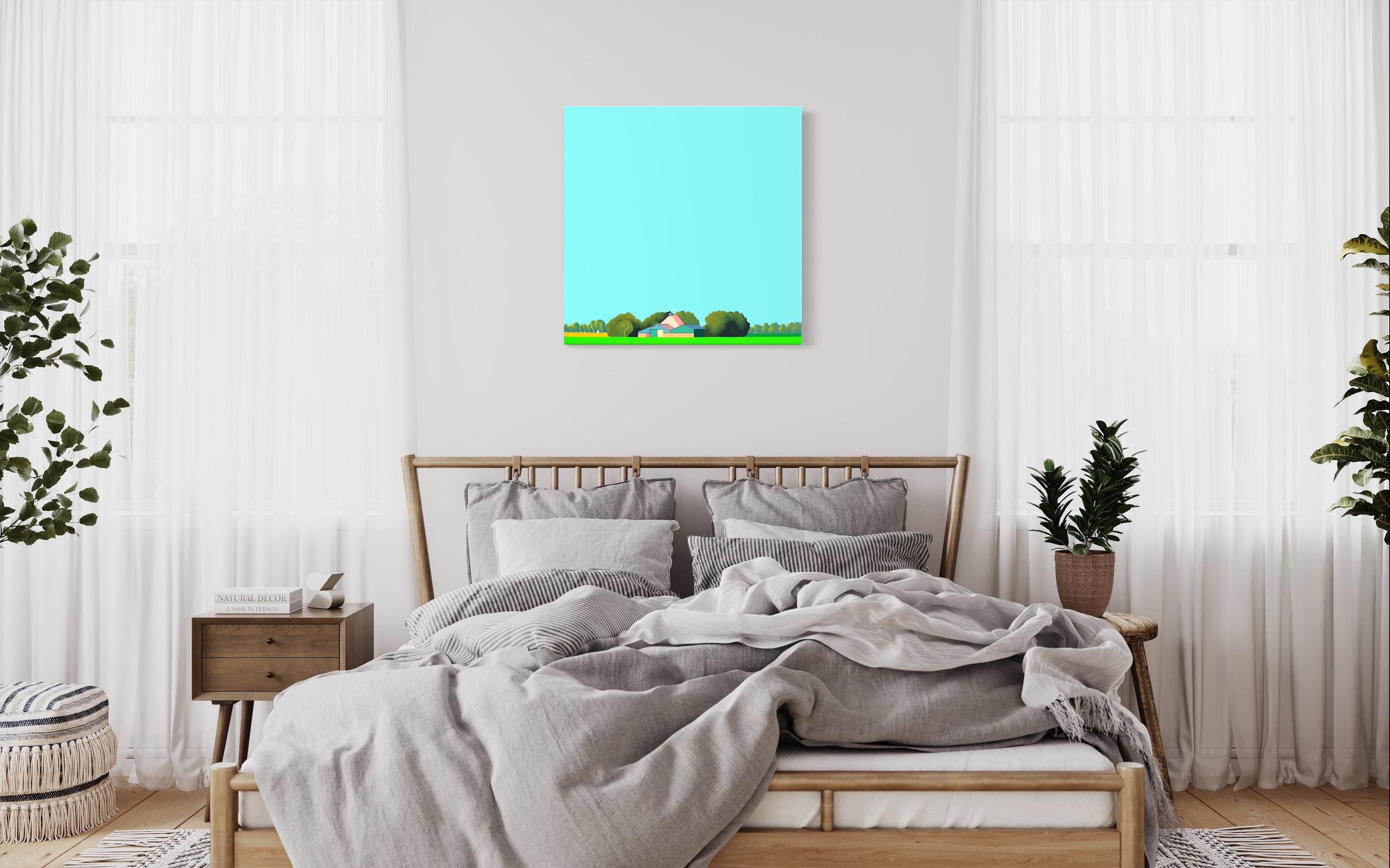 This beautiful landscape painting by Jeroen Allart is part of his minimalist landscape painting he did in his home country the Netherlands.

IA farm stands before you on the horizon. A windmill majestically slices the blue sky. A bird, painted in