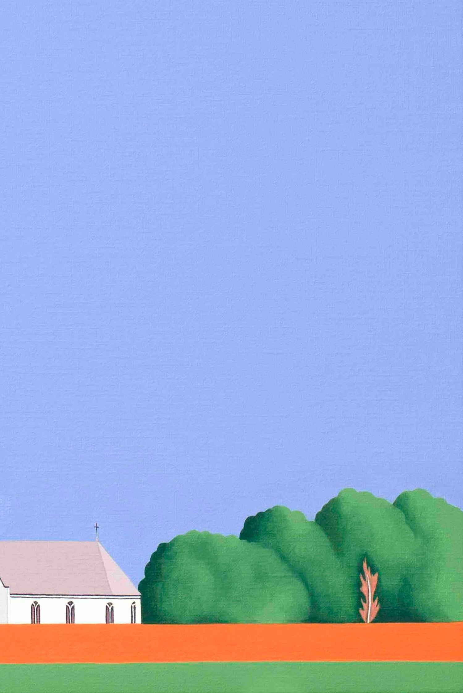 This beautiful painting by Jeroen Allart is part of his minimalist landscape and animal painting he did in his home country the Netherlands.
'A farm stands before you on the horizon. A windmill majestically slices the blue sky. A bird, painted in