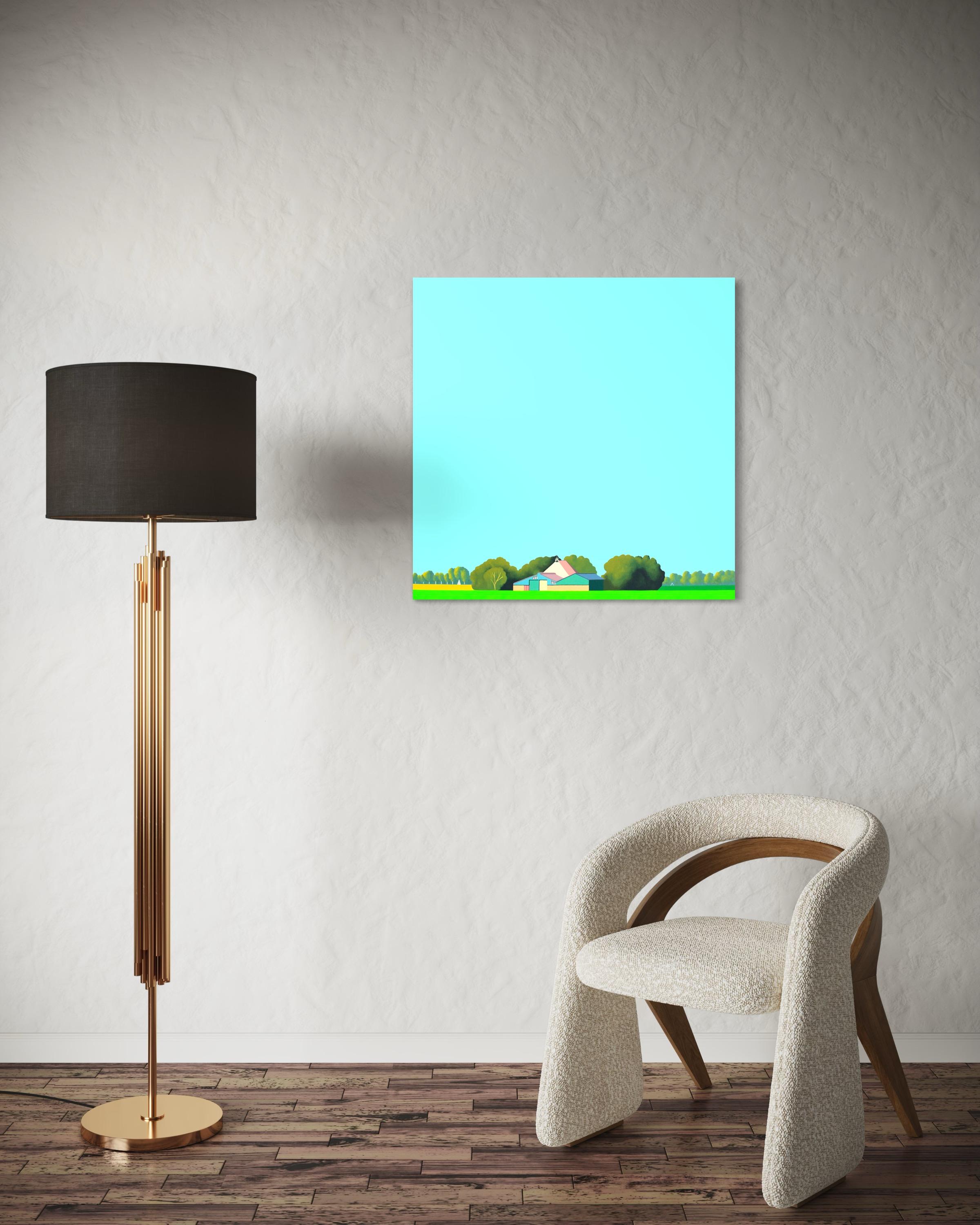Dieses schöne Gemälde von Jeroen Allart ist Teil seiner minimalistischen Landschaftsmalerei, die er in seinem Heimatland, den Niederlanden, angefertigt hat.

IA Farm steht vor Ihnen am Horizont. Eine Windmühle durchschneidet majestätisch den blauen