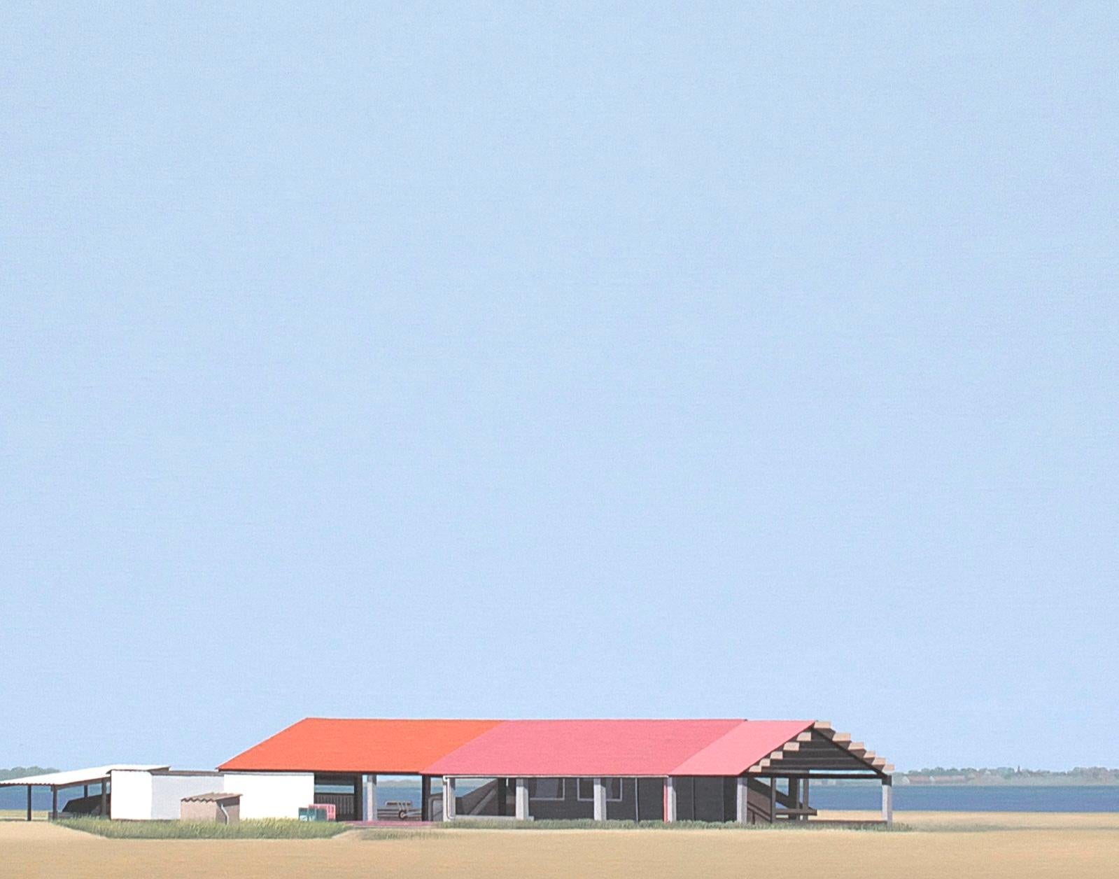 Este hermoso cuadro de Jeroen Allart forma parte de su pintura minimalista de paisajes y animales que realizó en Holanda, su país natal.
Una granja se alza ante ti en el horizonte. Un molino de viento corta majestuosamente el cielo azul. Un pájaro,