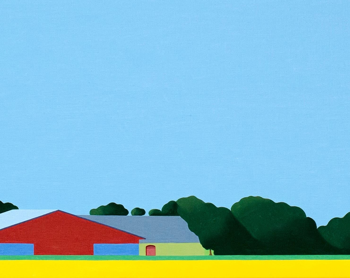 This beautiful landscape painting by Jeroen Allart is part of his minimalist landscape painting he did in his home country the Netherlands.

A farm stands before you on the horizon. A windmill majestically slices the blue sky. A bird, painted in