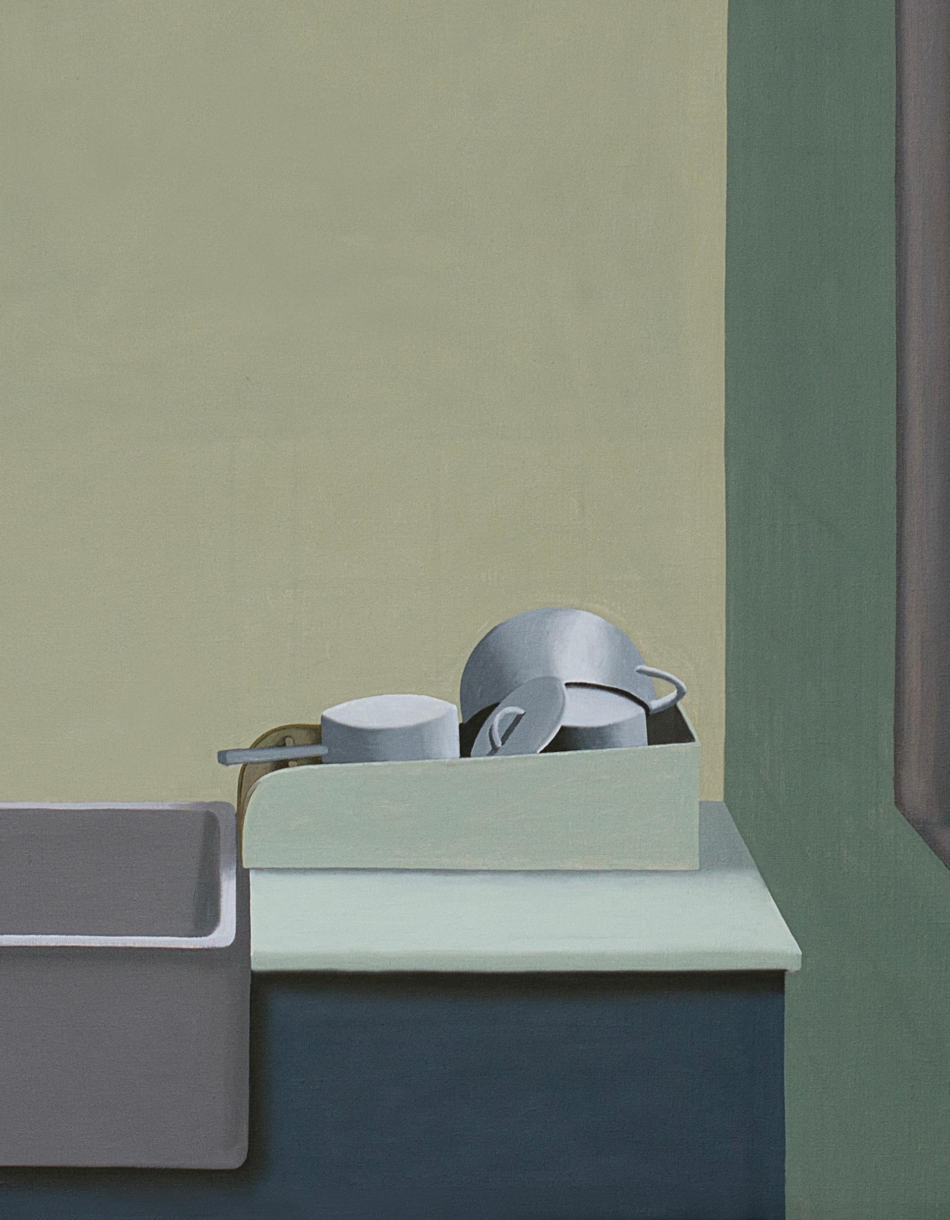 Dieses schöne Gemälde von Jeroen Allart ist Teil seiner minimalistischen Landschafts- und Innenraummalerei, die er in seinem Heimatland, den Niederlanden, geschaffen hat.
ein Bauernhof steht vor Ihnen am Horizont. Eine Windmühle durchschneidet
