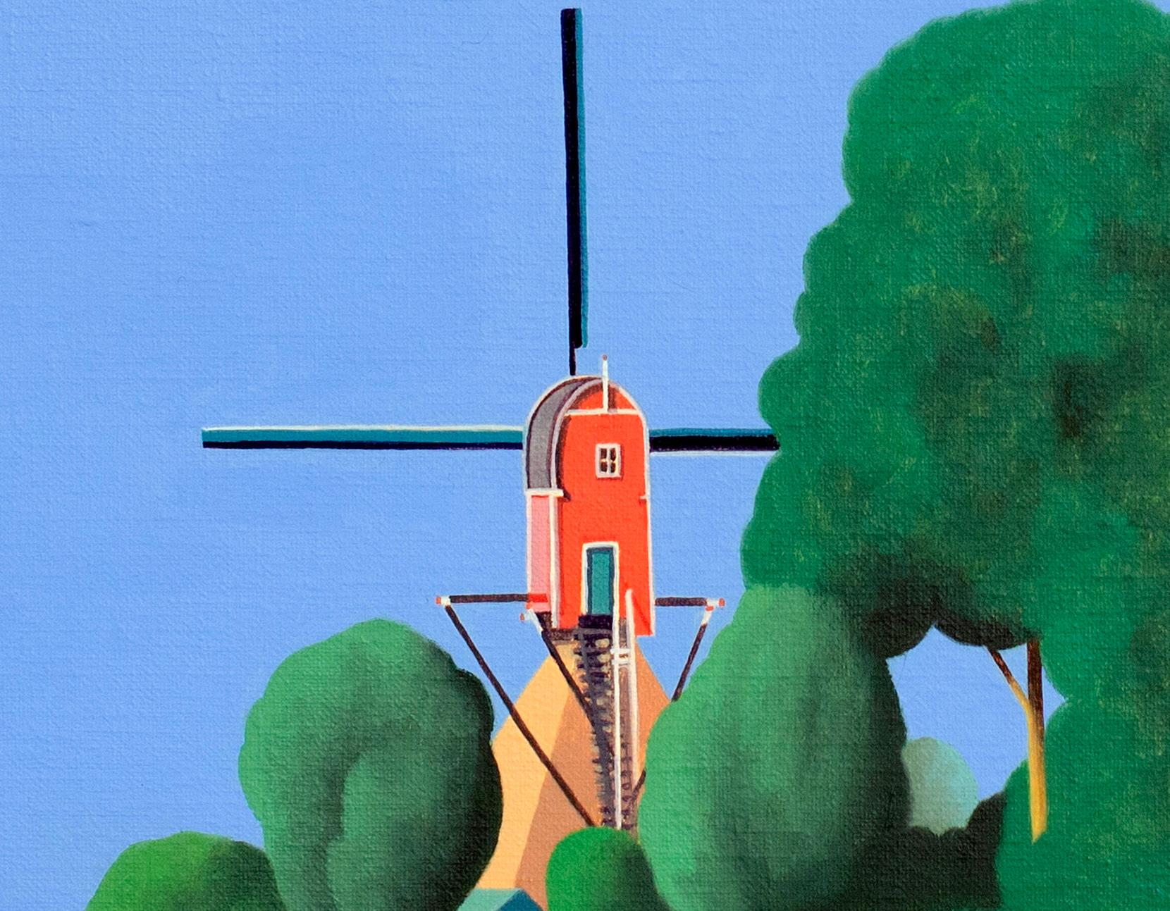 Molino de viento en Holanda - Pintura de paisaje en venta 1