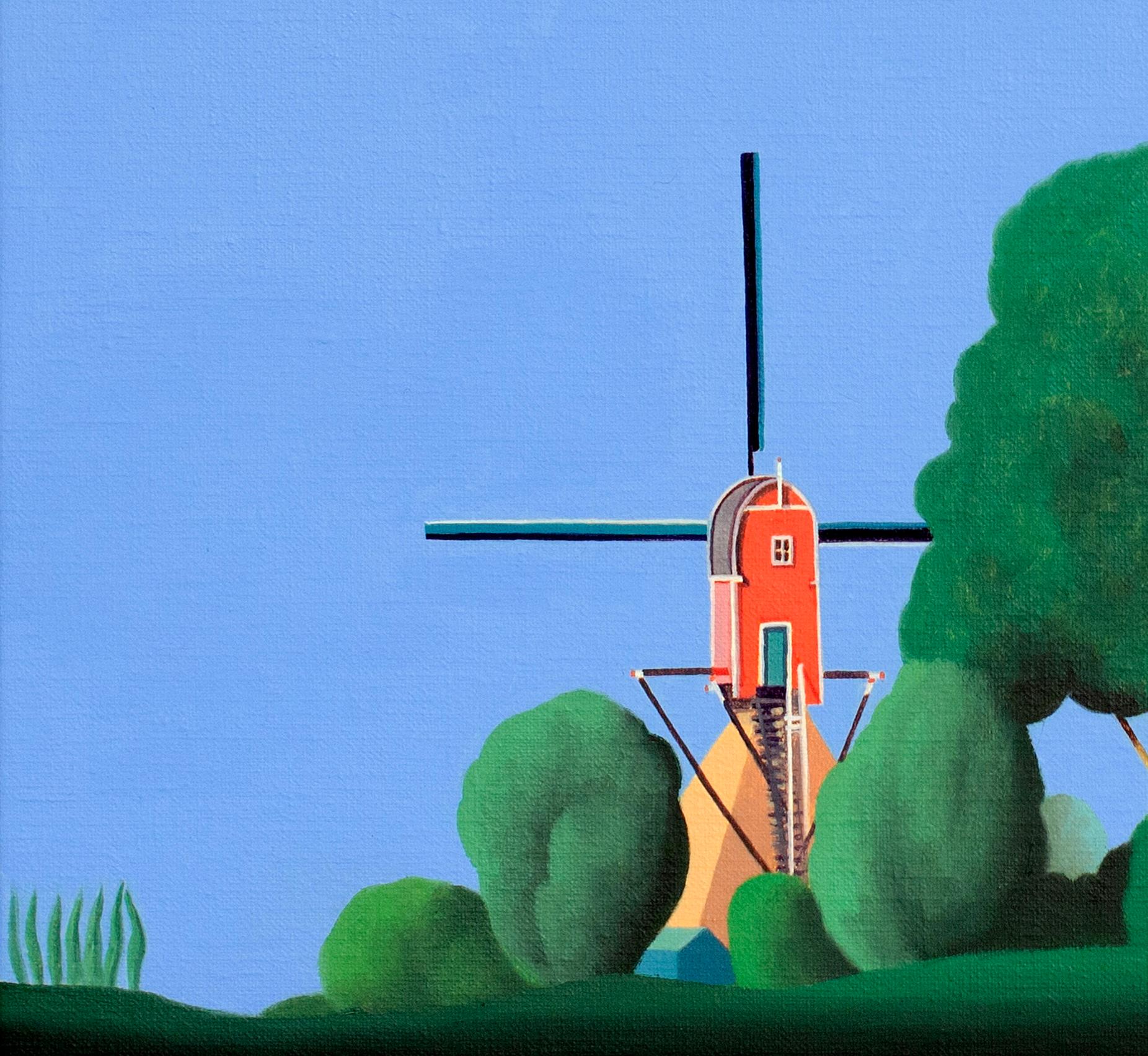 Molino de viento en Holanda - Pintura de paisaje en venta 3