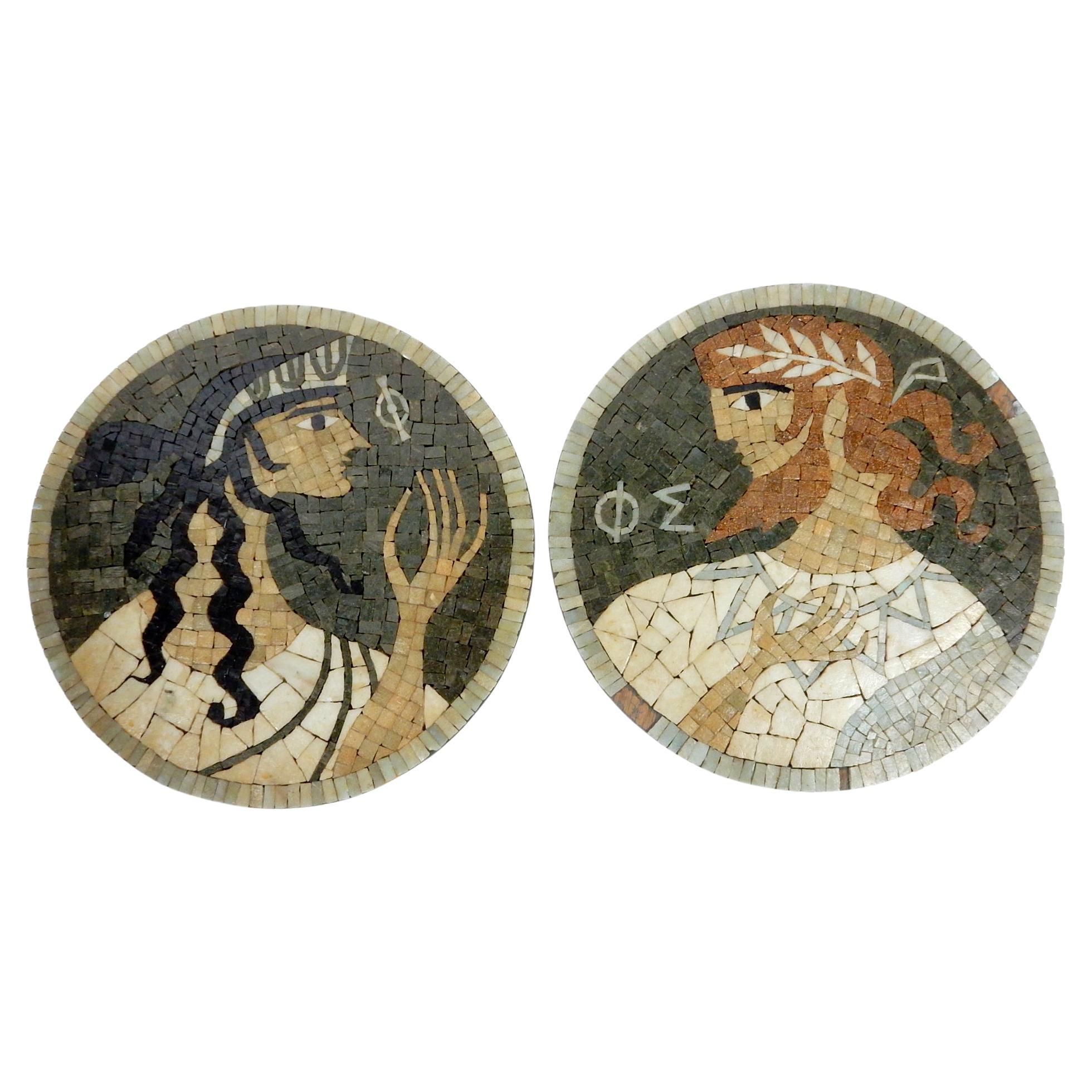 2 part mosaic wall art sculpture attributed to Evelyn and Jerome Ackerman.
We say attributed because the paper label on back of each was removed or over time the glue dried
and they fell off.
These are Identical in size, mounting hardware and