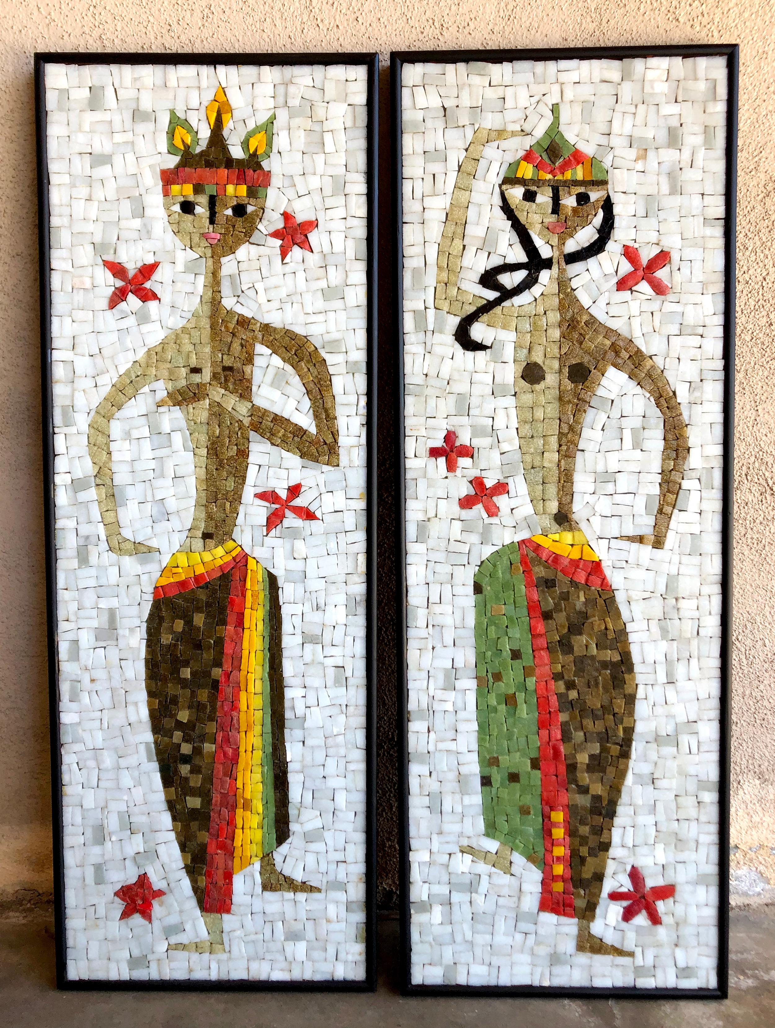 American Jerome and Evelyn Ackerman Pair of Balinese Dancer Glass Tile Mosaic Wall Panels