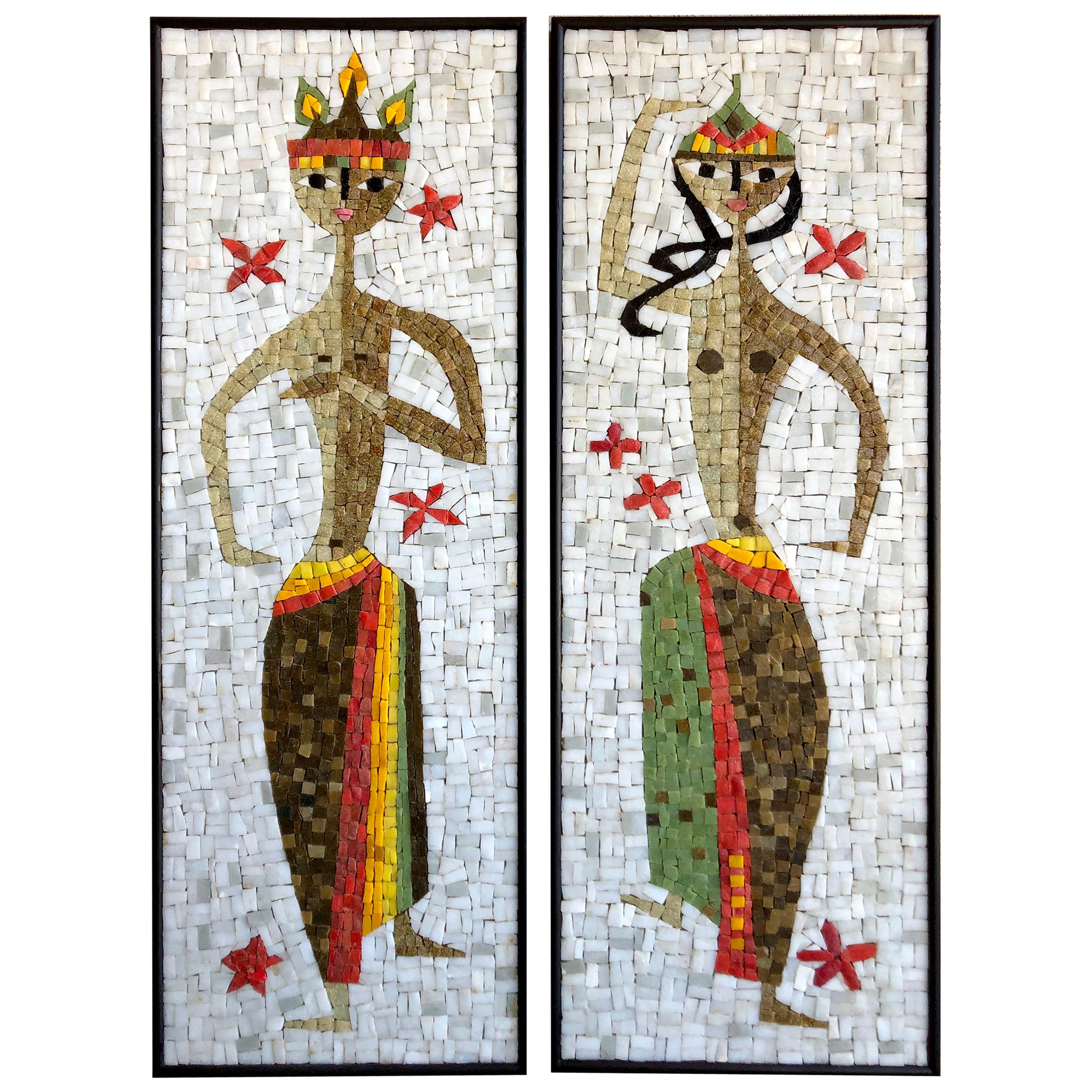Jerome and Evelyn Ackerman Pair of Balinese Dancer Glass Tile Mosaic Wall Panels