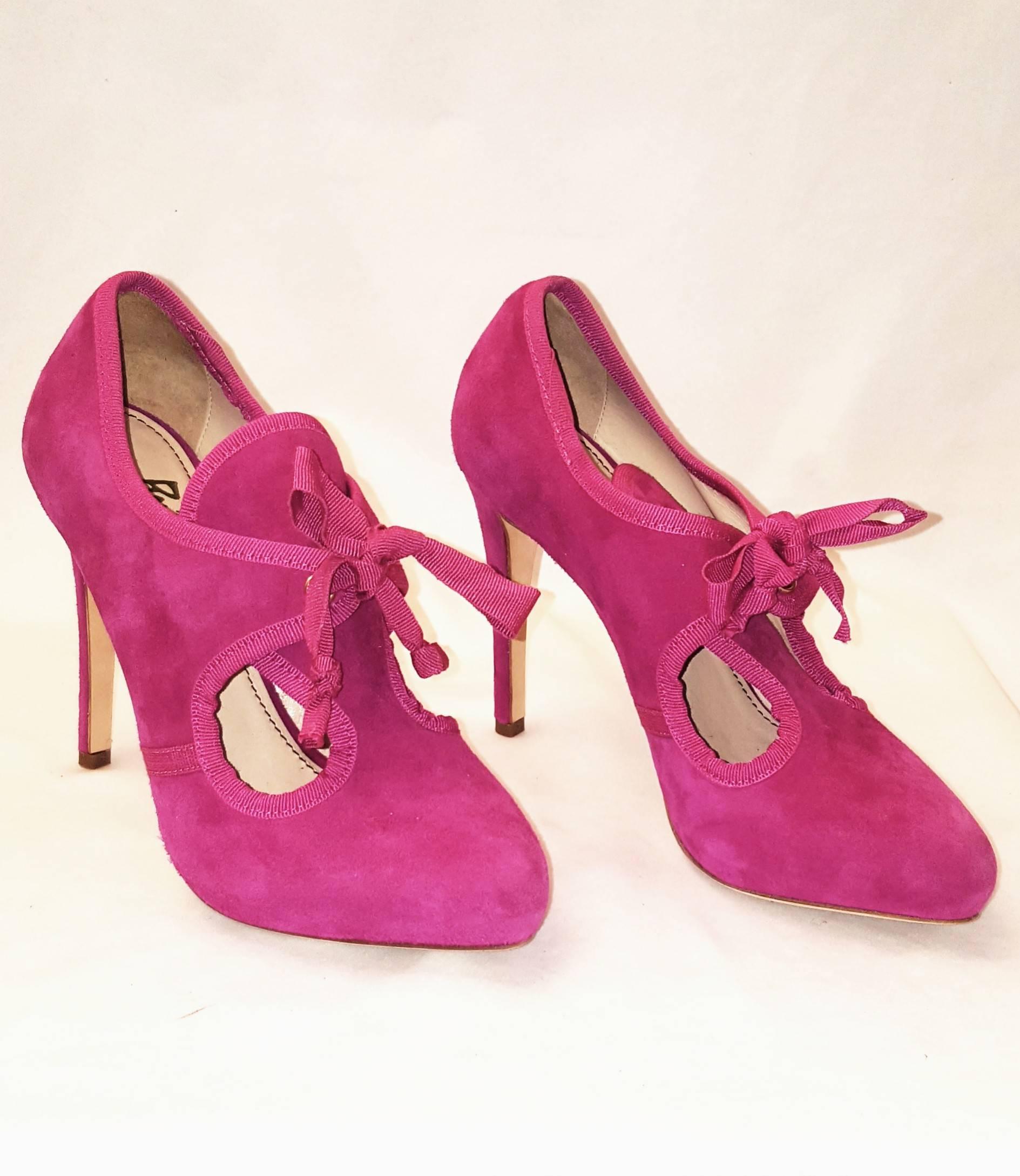 Pink Jerome C. Rousseau Fuchia Suede Pumps with Bow Closure For Sale