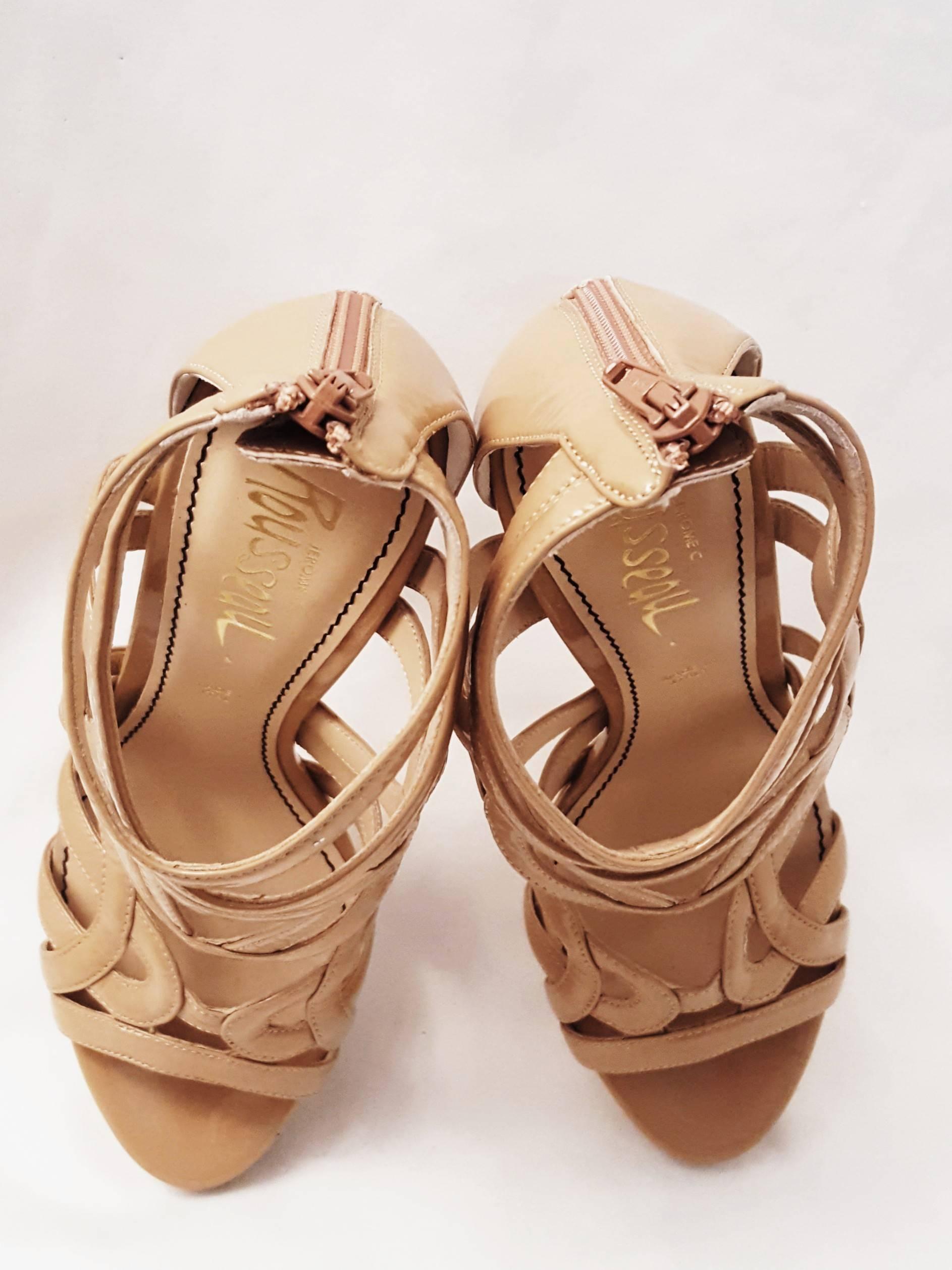 Jerome C. Rousseau Orner Nude Strappy Patent Leather High Heel Sandals In New Condition For Sale In Palm Beach, FL