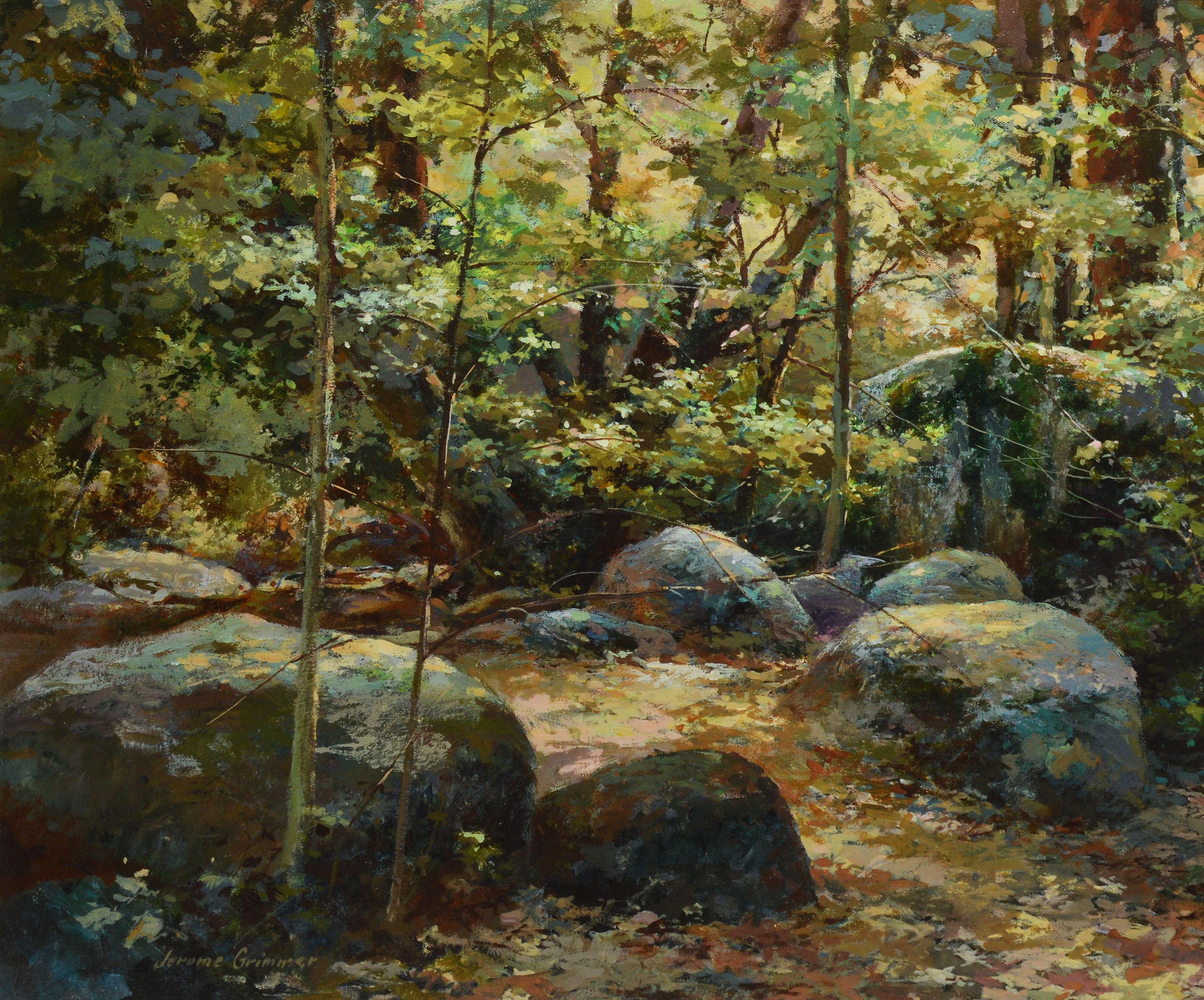Impressionist forest view by Jerome Grimmer  (born 1939).  Oil on canvas, circa 1970.  Signed.  Displayed in a giltwood frame.  Image size, 30