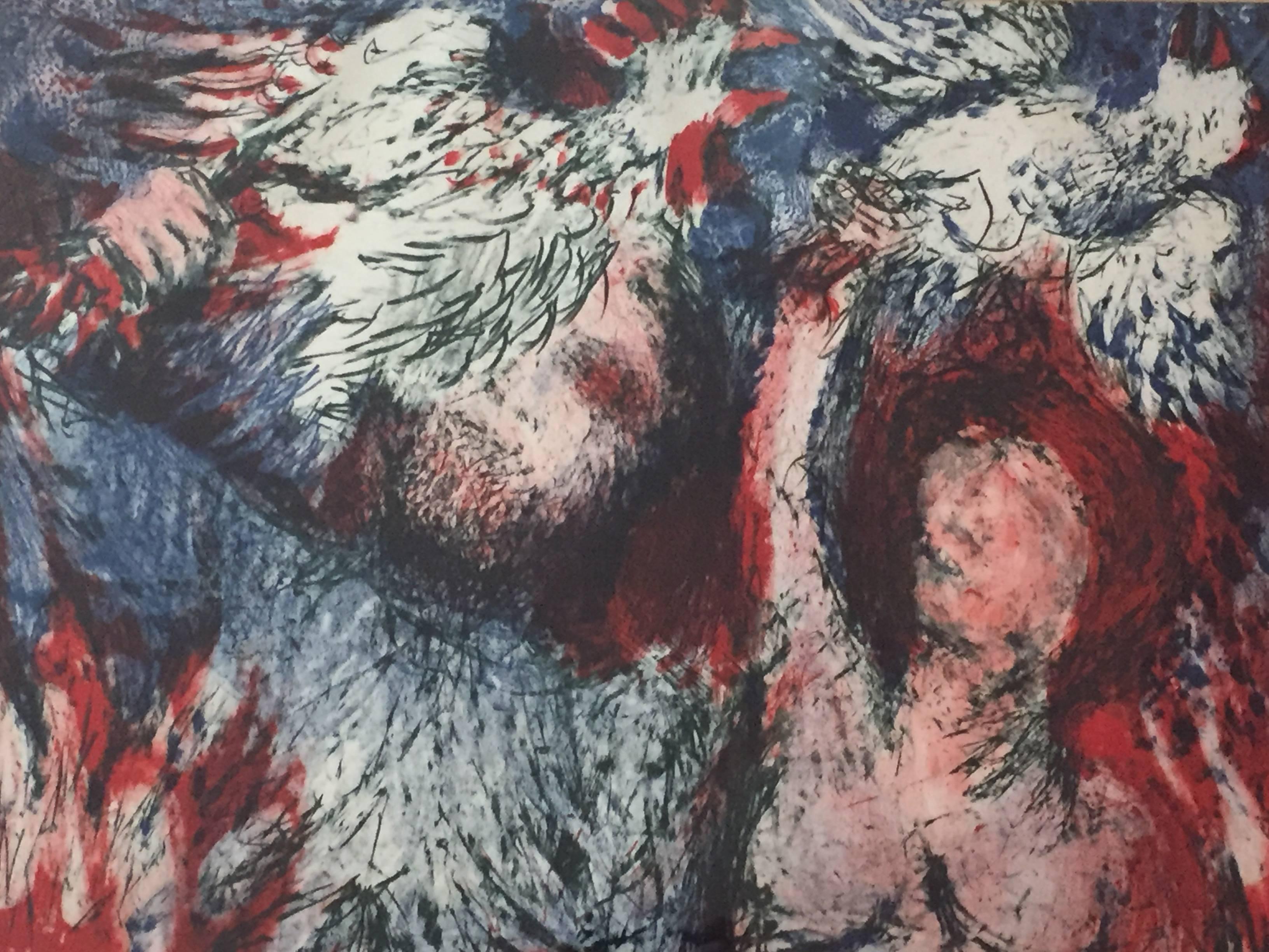 Titel: (jüdisches) Ritual (hebräisch, Kapparot)
Künstler: Jerome Kaplan
Herausgeber: Tamarind Lithography Workshop Inc.
Drucker:Joseph Zirker
Datum: 1962
Medien: Dreifarbige Lithographie von zwei Steinen und einer Zinkplatte
Abmessungen: 48,3 x 65,1