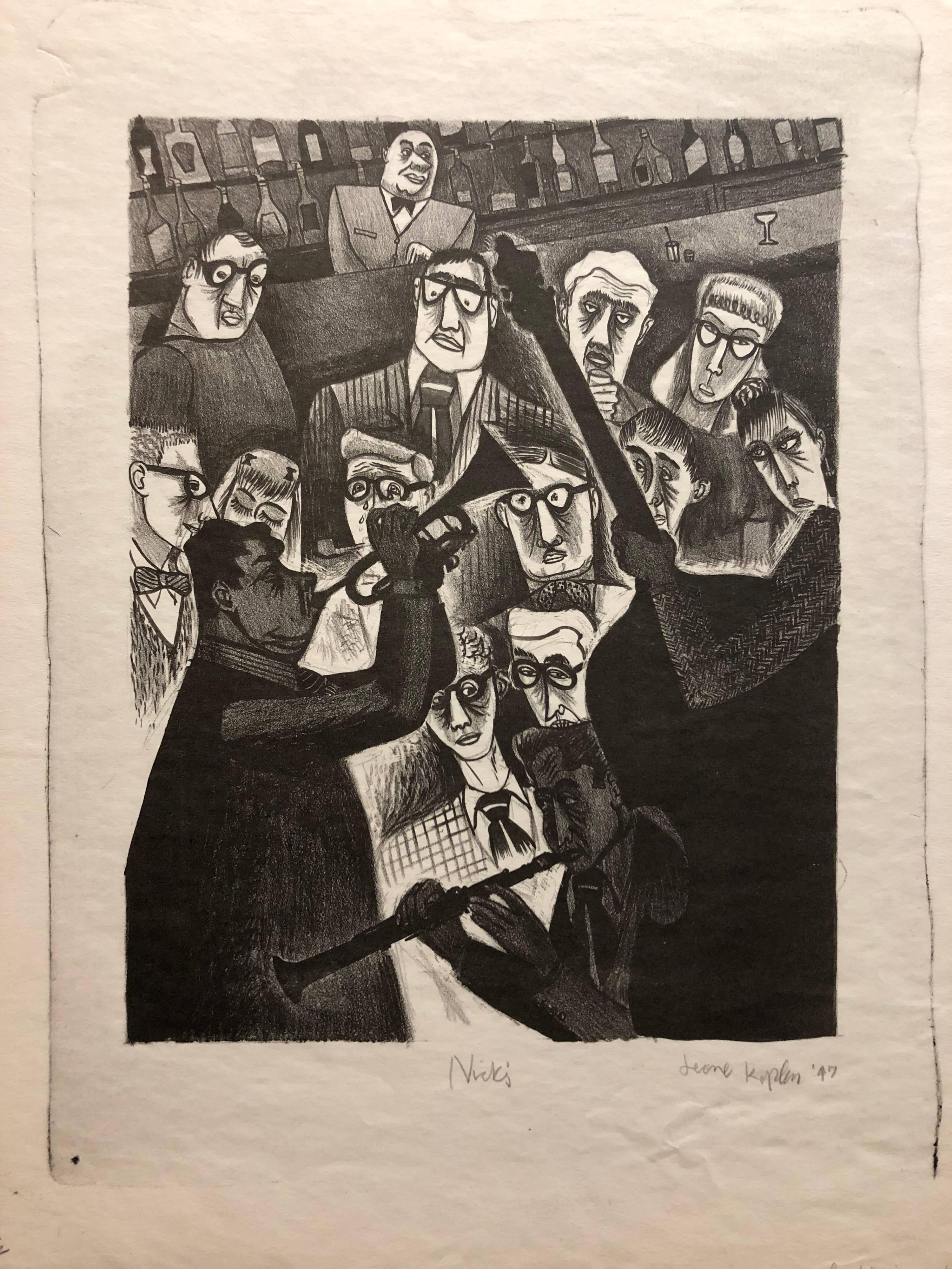 Jerome Kaplan Figurative Print - The Critic or Nick's 1947 Lithograph Jazz Band