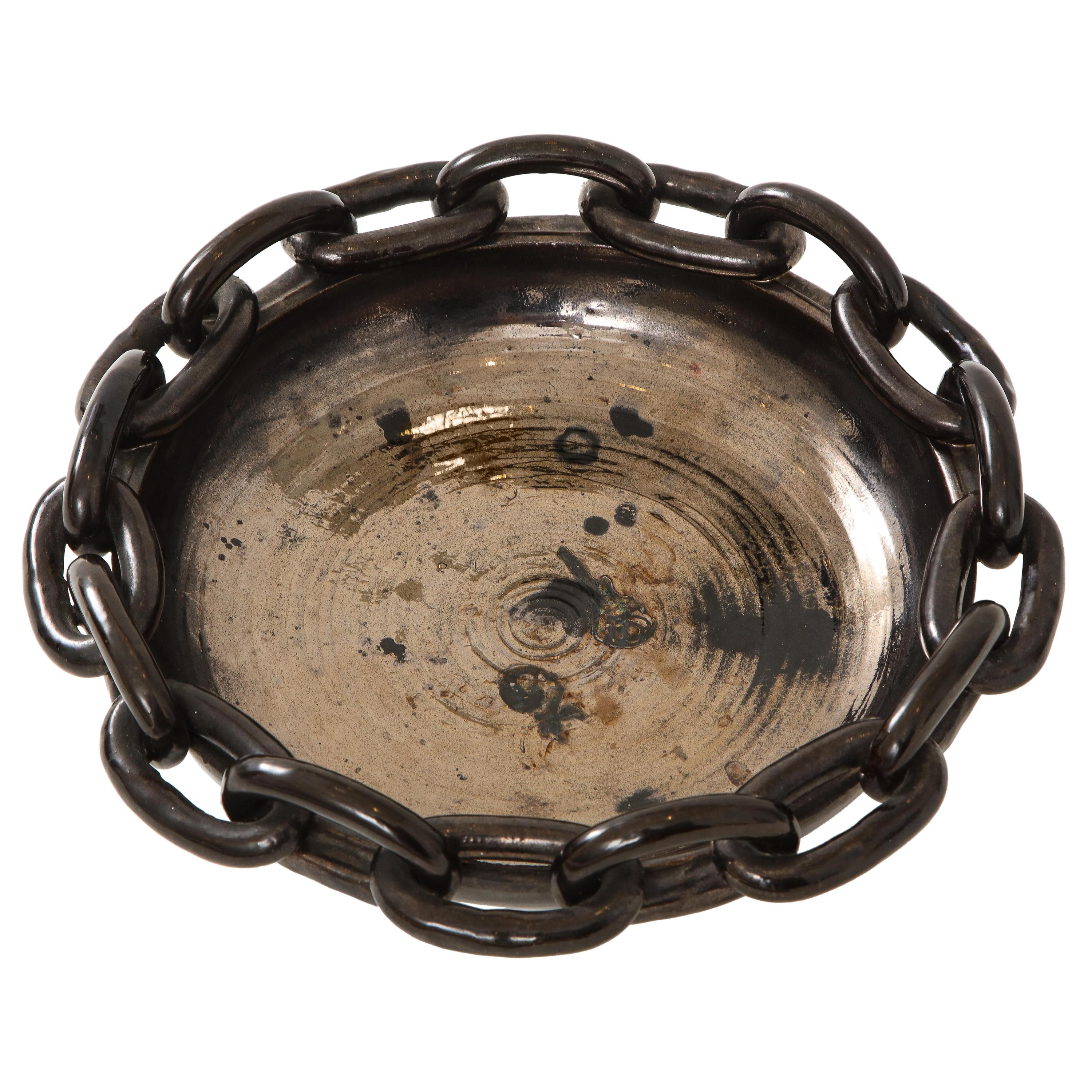 Jerome Massier Black Ceramic Bowl with Chain Link, circa 1950