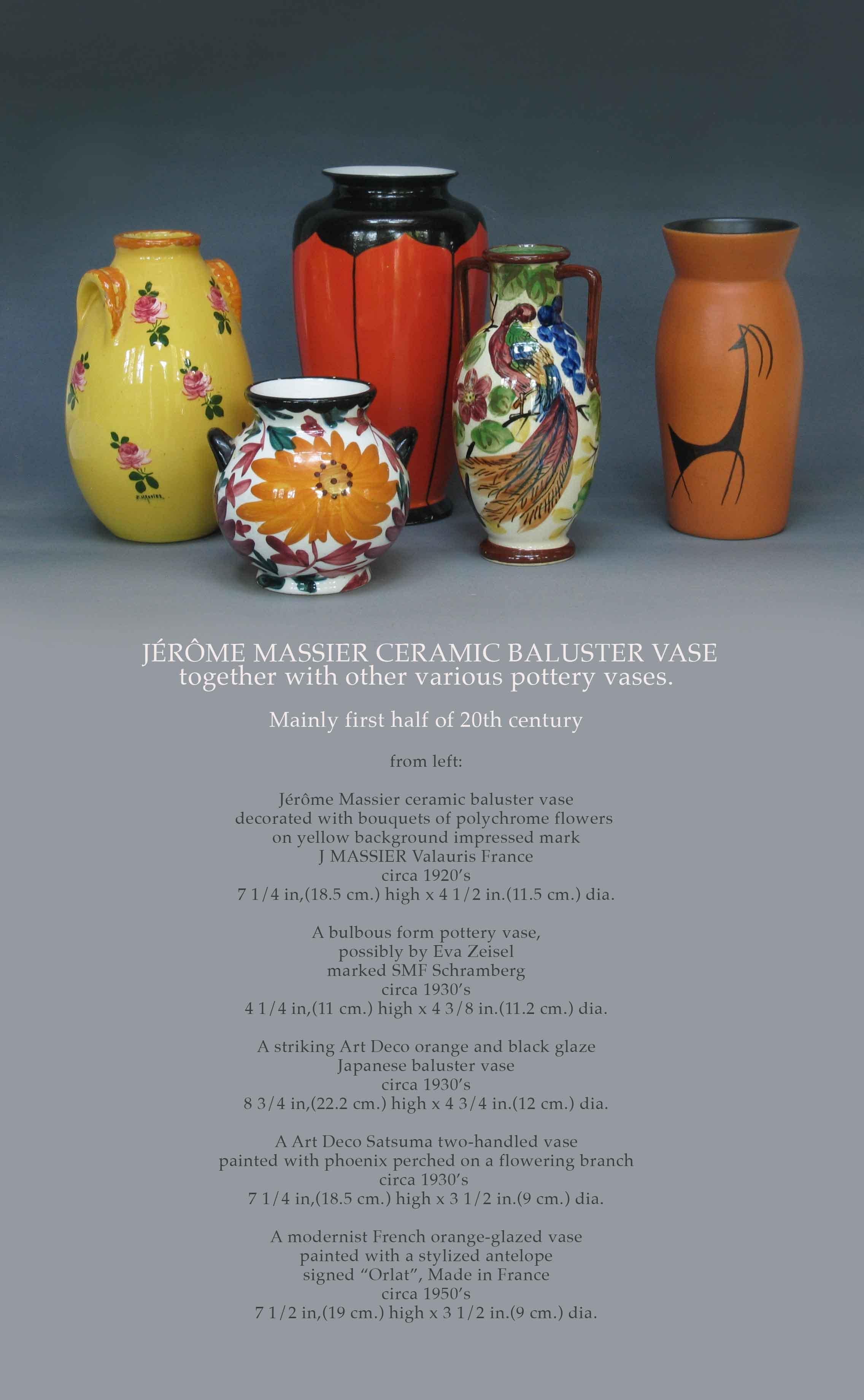 Jérôme Massier ceramic baluster vase
together with other various pottery vases.

Mainly first half of 20th century.

From Left:

Jérôme Massier ceramic baluster vase
decorated with bouquets of polychrome flowers
on yellow background impressed mark
J