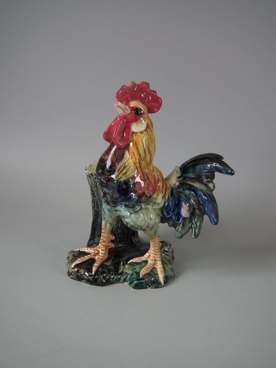 Glazed Jerome Massier Fils Majolica Cockerel/Rooster Vase