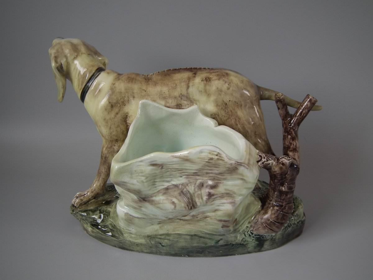 Victorian Jerome Massier Fils Majolica Dog Spill Vase For Sale