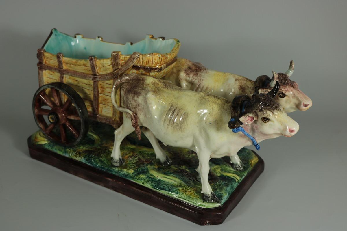 Glazed Jerome Massier Fils Majolica Ox and Cart Flower Holder