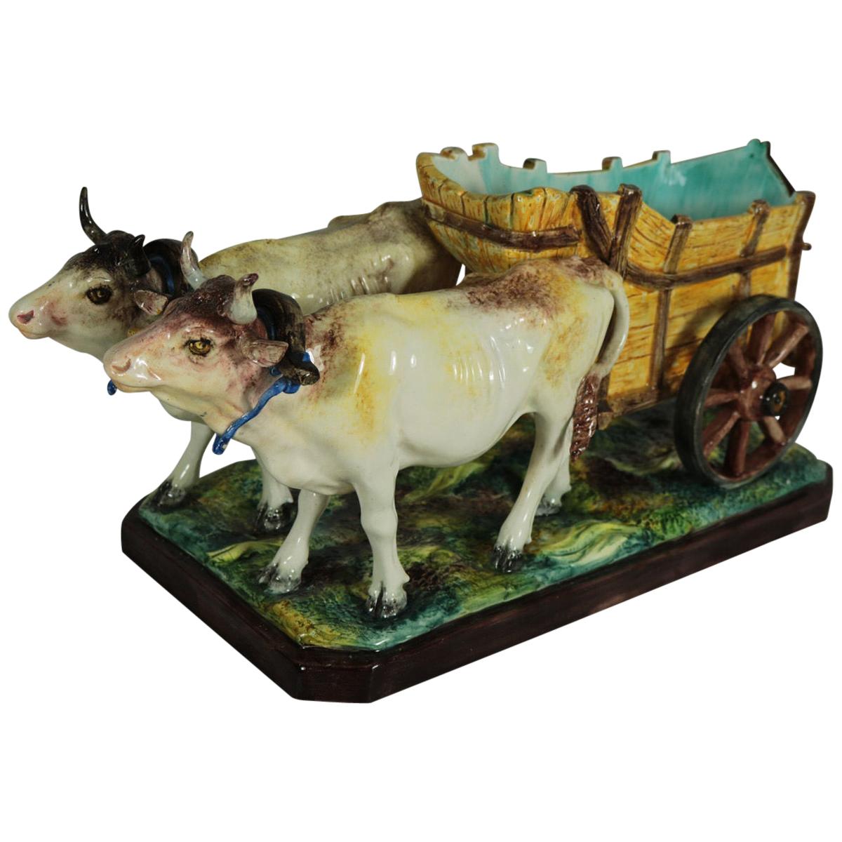 Jerome Massier Fils Majolica Ox and Cart Flower Holder