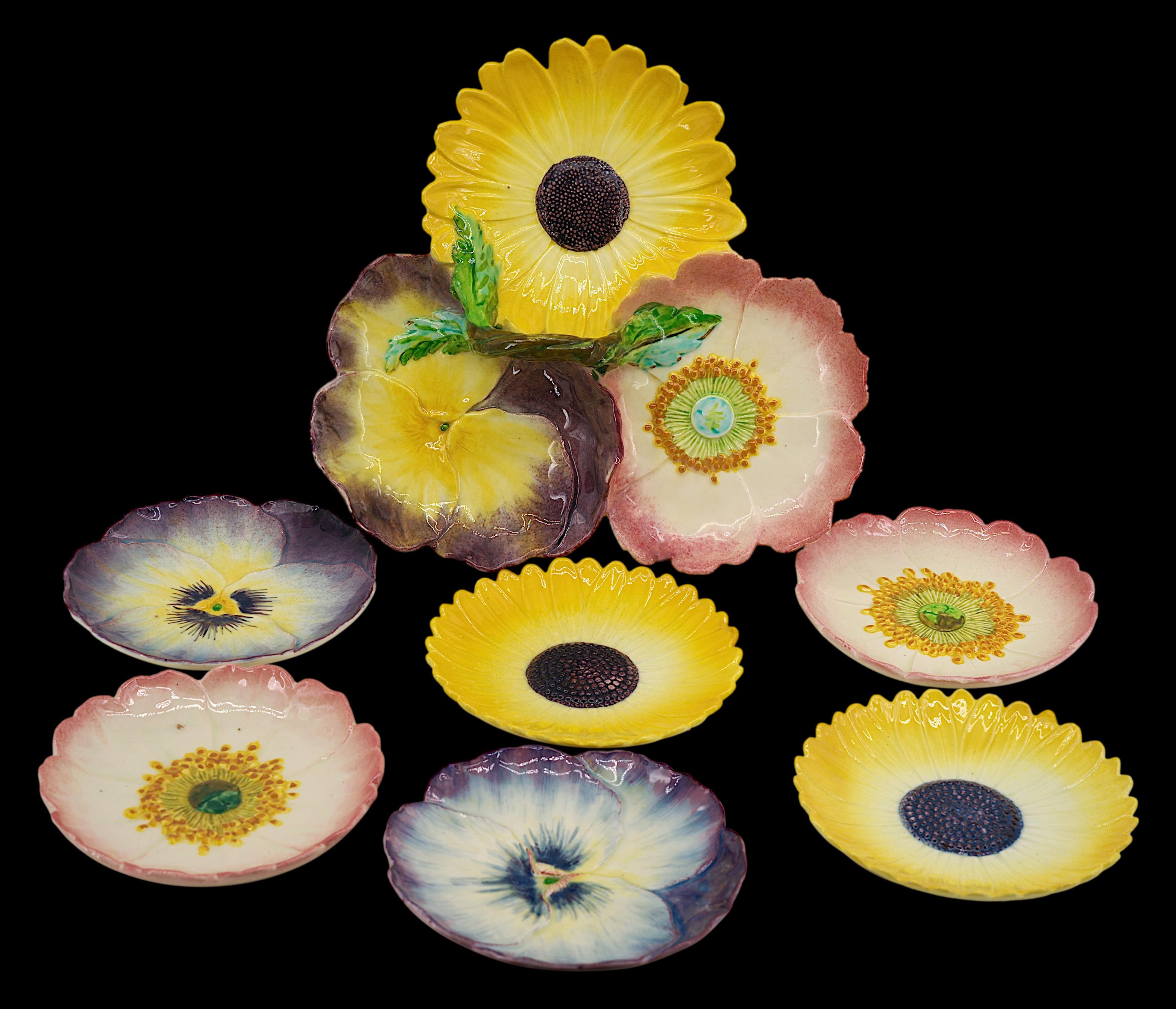 French Napoleon III majolica slip aperitive or dessert set by Jerome MASSIER, Vallauris, France, end of 19th century. 6 (2x3) plates : anemone, pansy and daisy - Diameter : 7.5