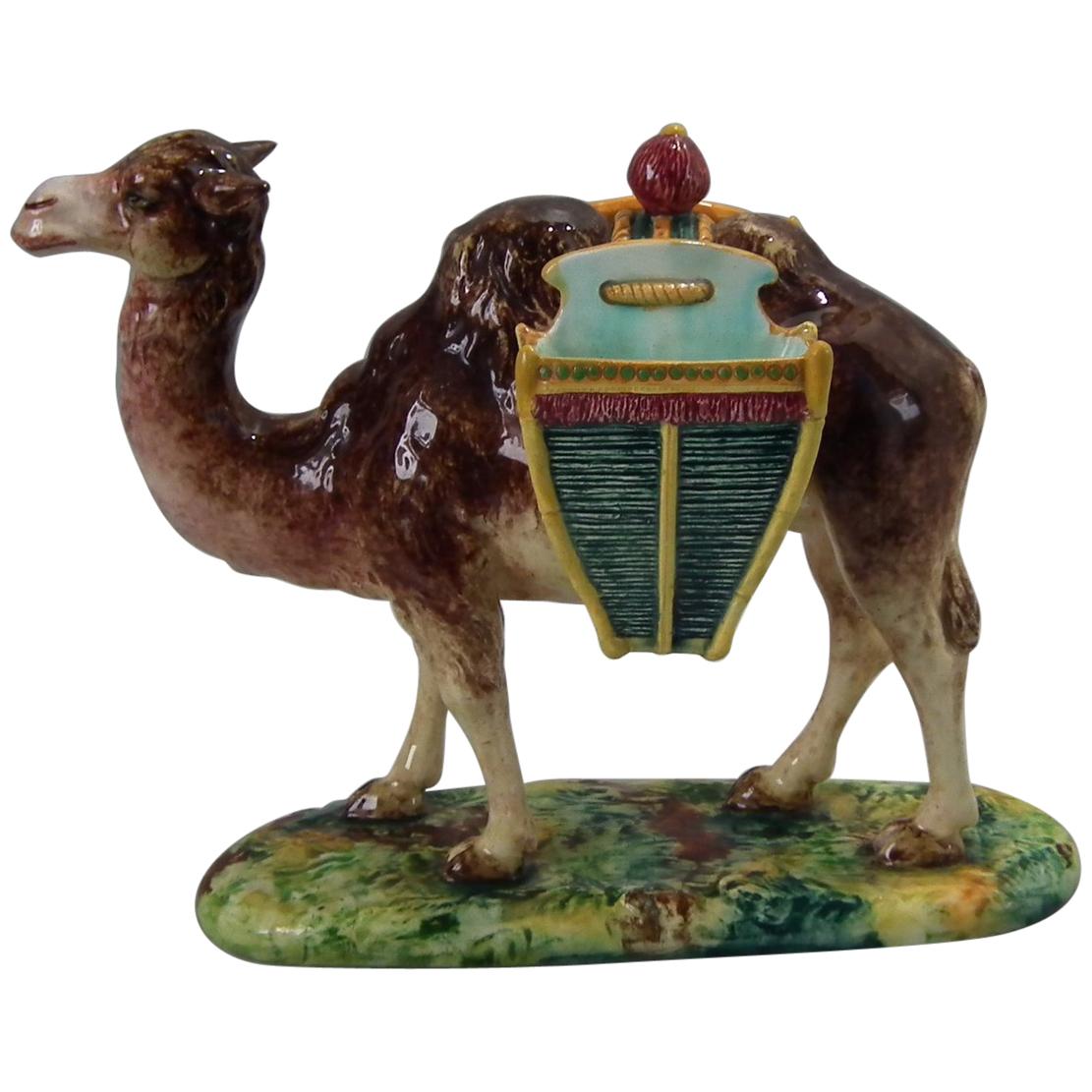 Jerome Massier Majolica Camel with Baskets Figure For Sale