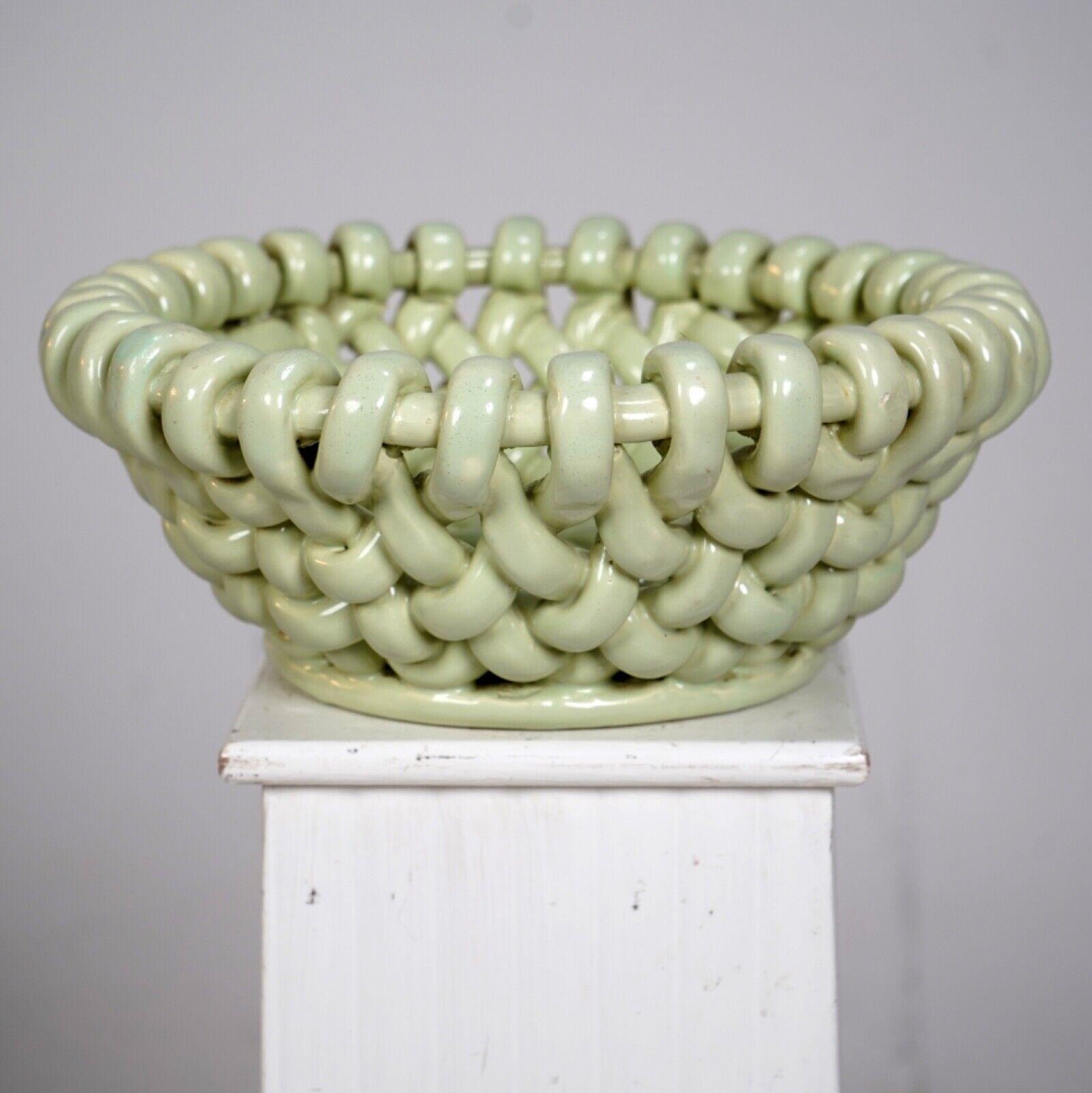 French Jérome Massier Pastel Green Ceramic Lattice Bowl