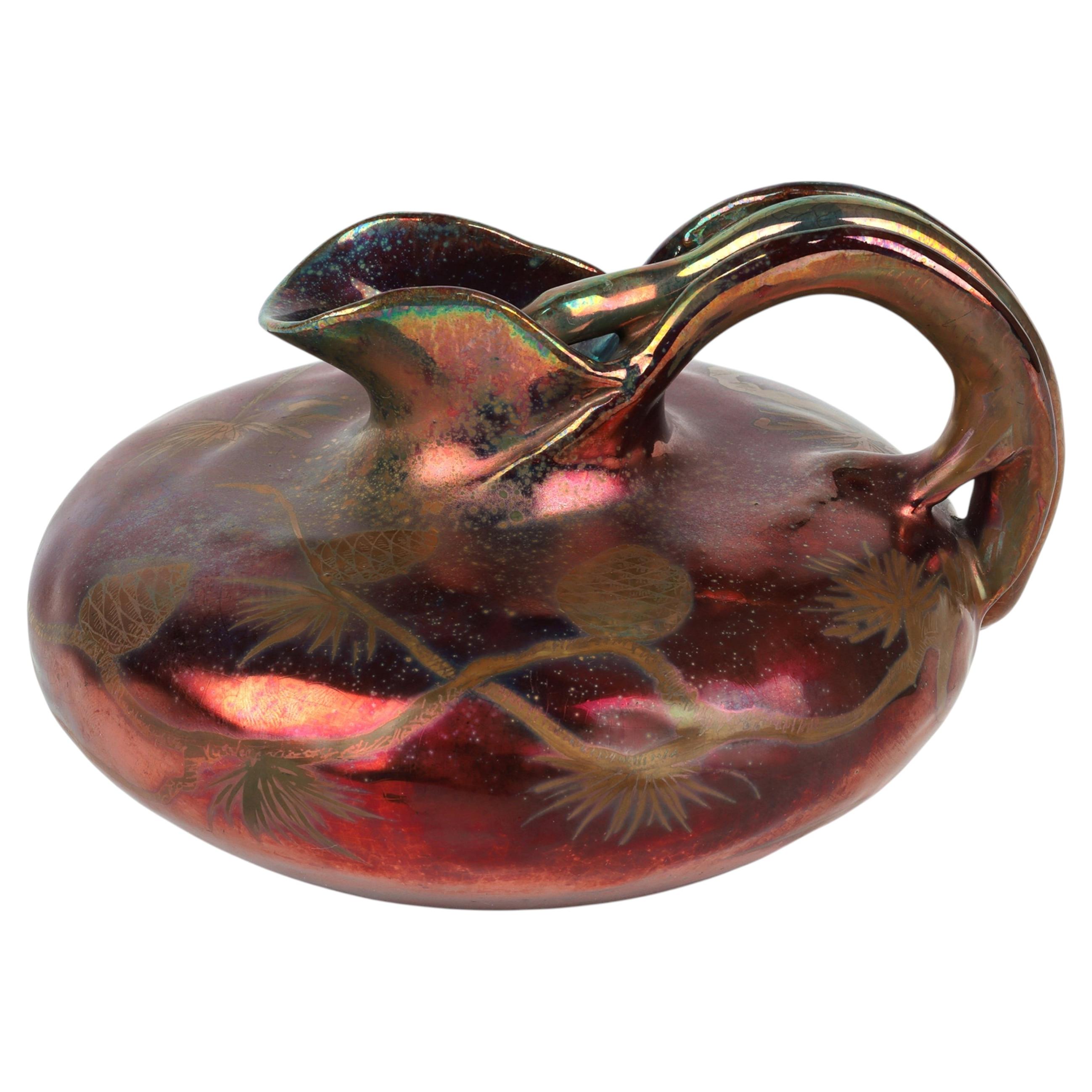 Jerome Massier Rare Iridescent Pinecone Pattern Art Pottery Jug with Snake For Sale