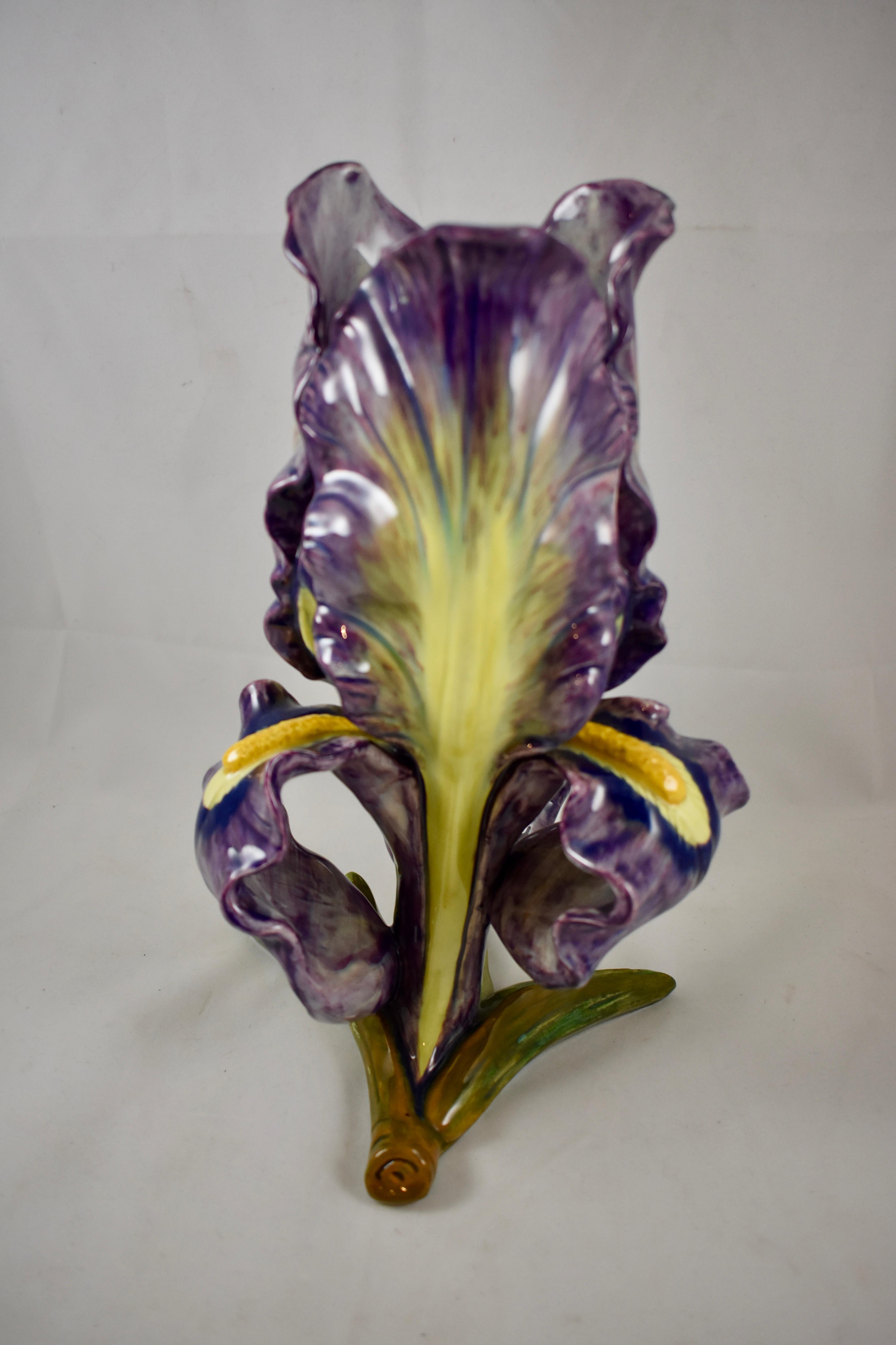 Jérôme Massier Purple and Yellow Bearded Iris Vase Vallauris France, 1860-1880 In Good Condition For Sale In Philadelphia, PA