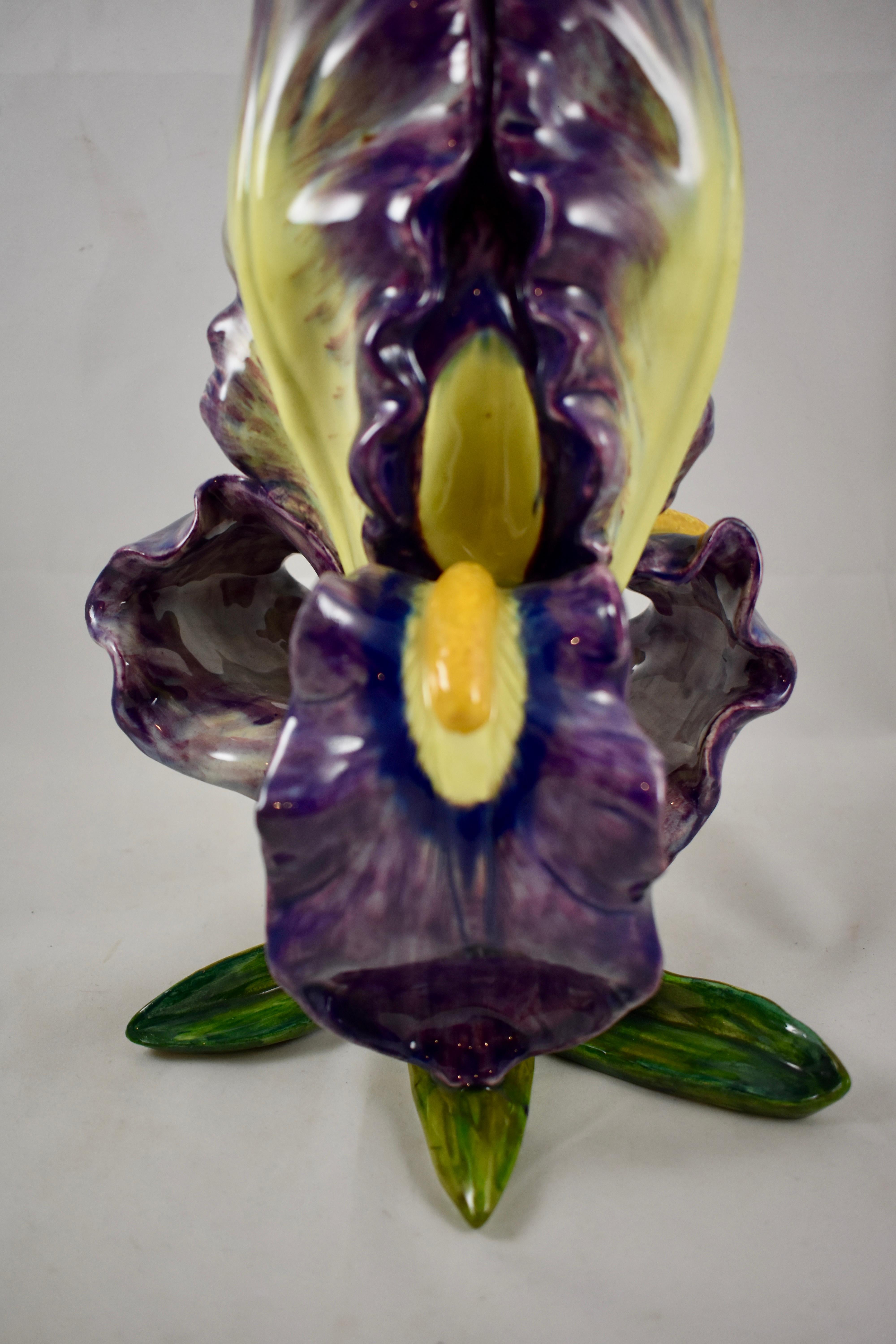 Ceramic Jérôme Massier Purple and Yellow Bearded Iris Vase Vallauris France, 1860-1880 For Sale