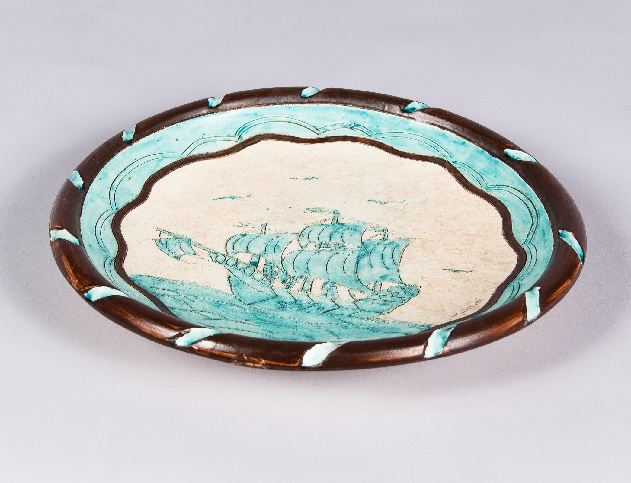 Hand-Painted Jerome Massier Vallauris French Terracotta Dish with Sailboat, 1950s