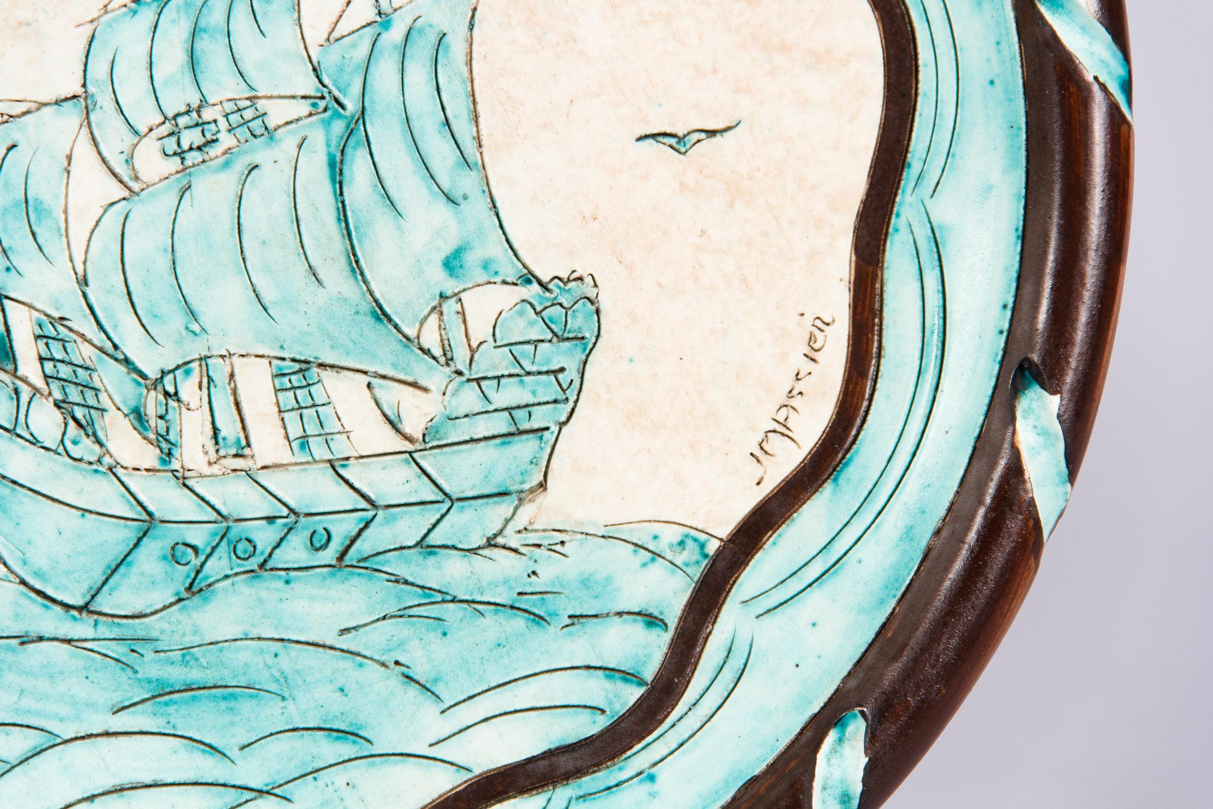 20th Century Jerome Massier Vallauris French Terracotta Dish with Sailboat, 1950s