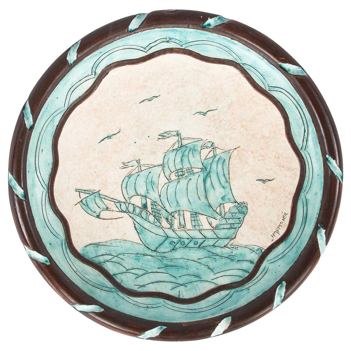 Jerome Massier Vallauris French Terracotta Dish with Sailboat, 1950s