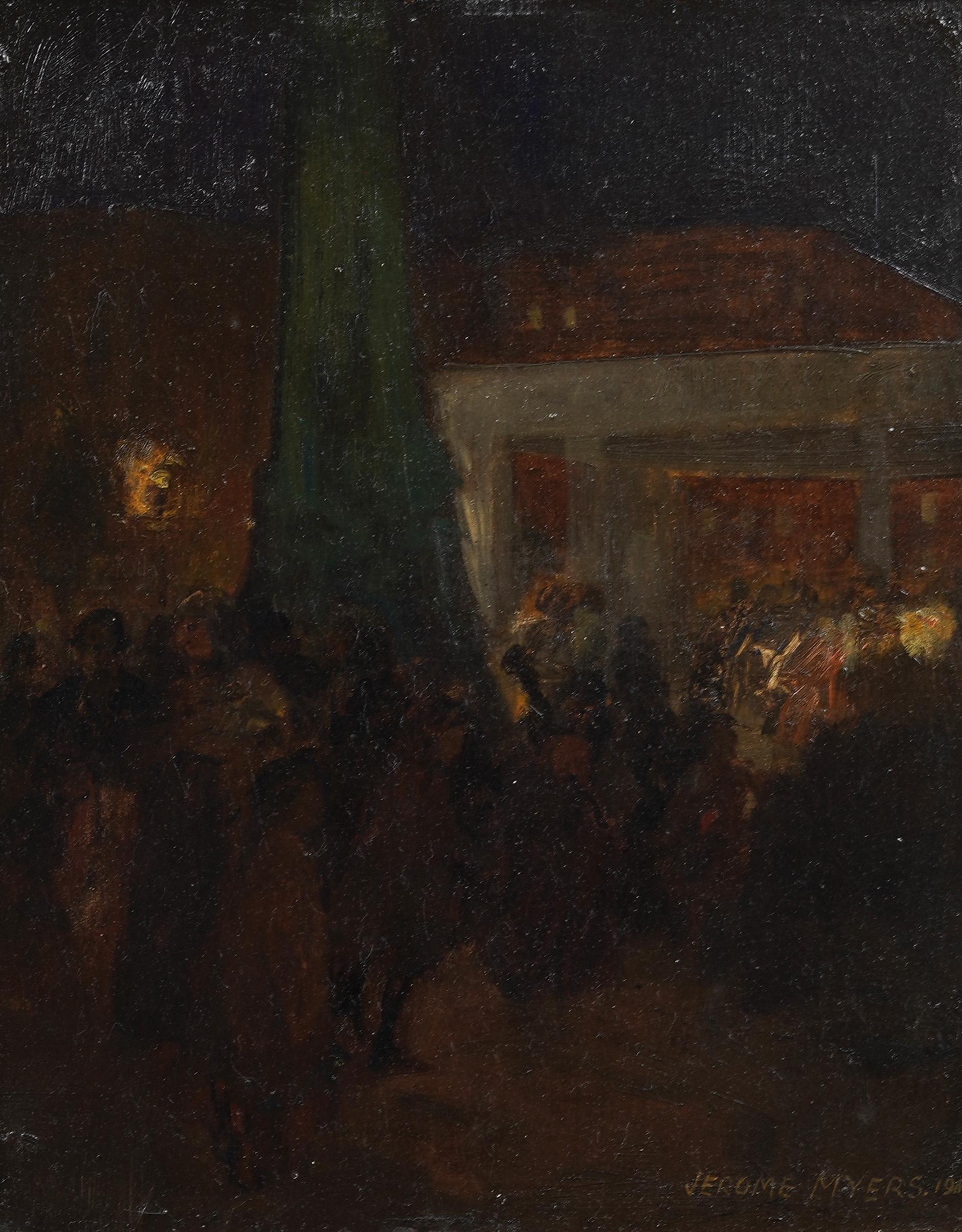 Antico dipinto americano modernista della scuola Ashcan: scena di strada notturna firmata - Painting Moderno di Jerome Myers (1867 - 1940)