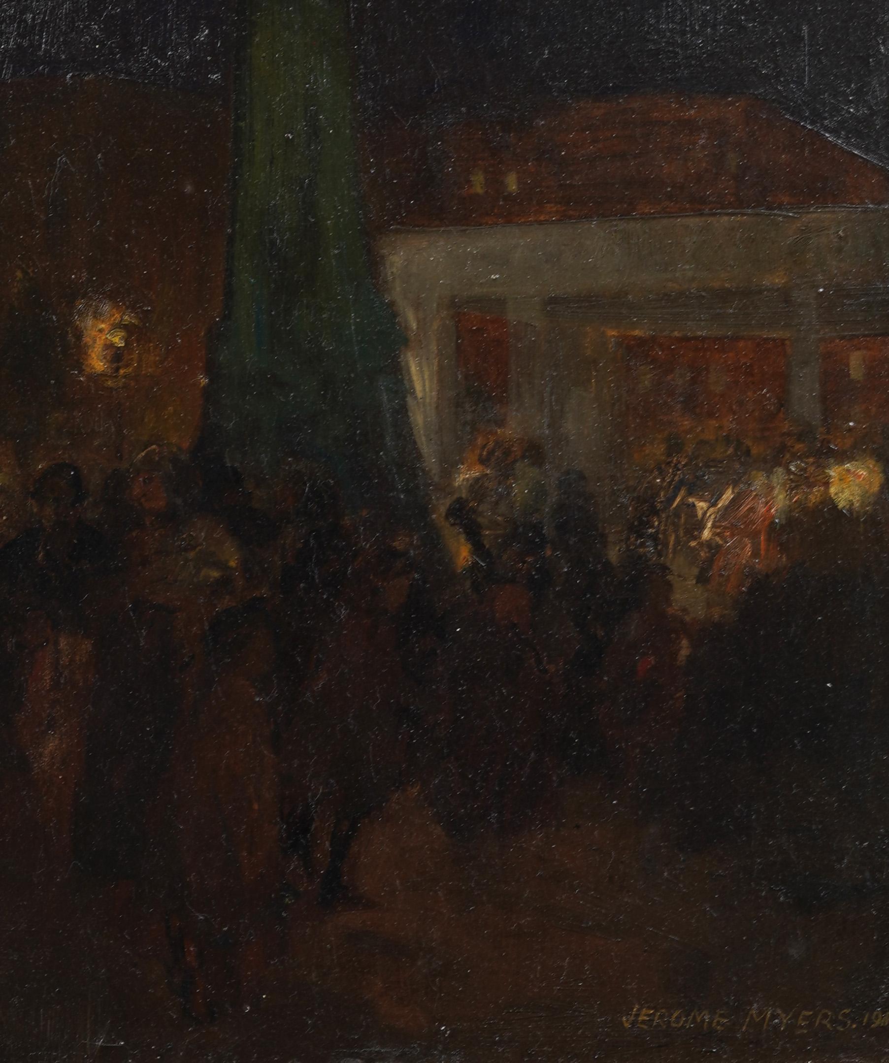 Antico dipinto americano modernista della scuola Ashcan: scena di strada notturna firmata - Landscape Painting Marrone di Jerome Myers (1867 - 1940)