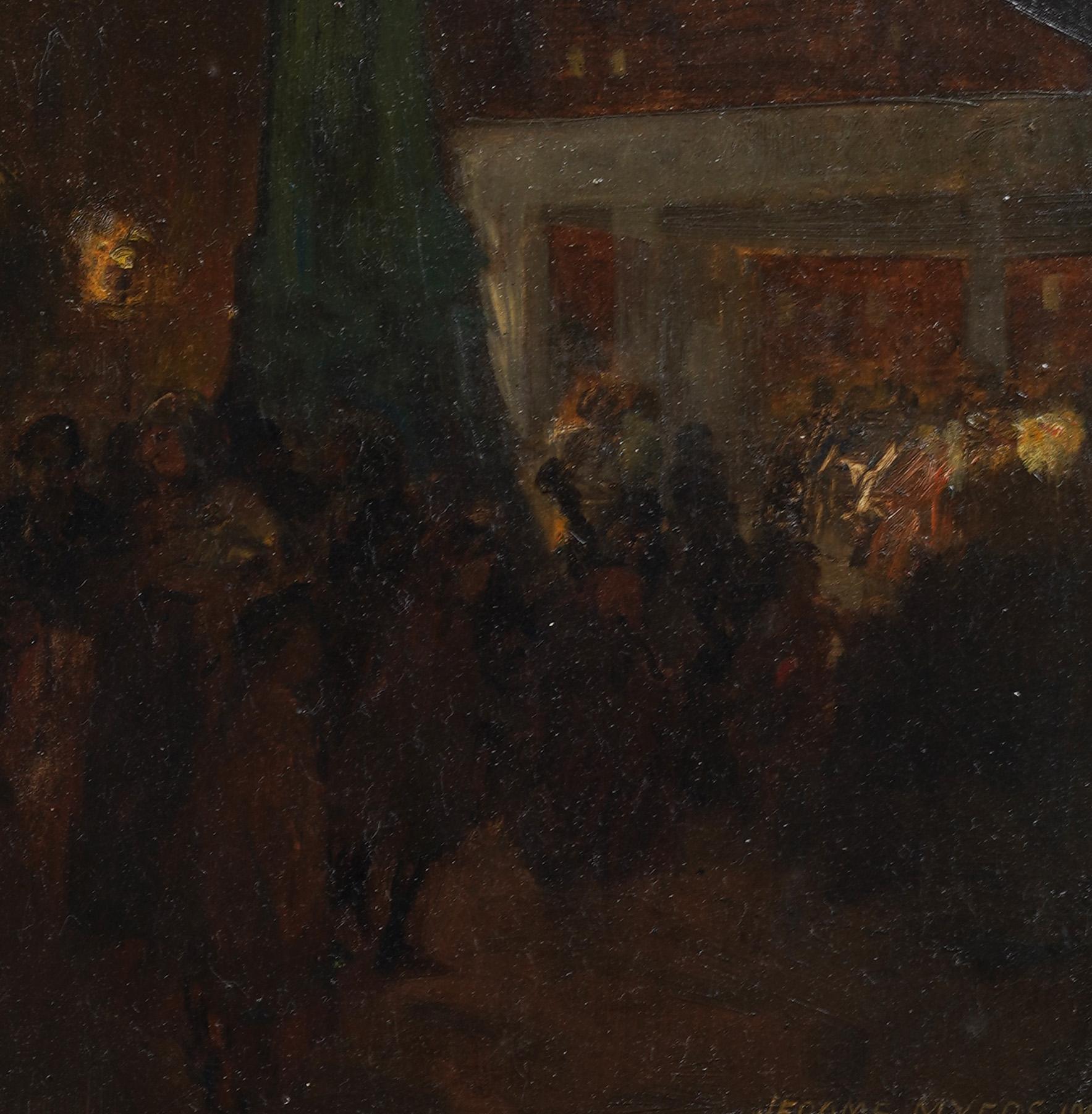 Antico dipinto ad olio di Jerome Myers (1867 - 1940), scena notturna di strada modernista americana.  Olio su tavola. Incorniciato. Firmato. Misura 16 x 18 pollici in totale e 9 x 11 solo per il dipinto. In eccellenti condizioni originali.