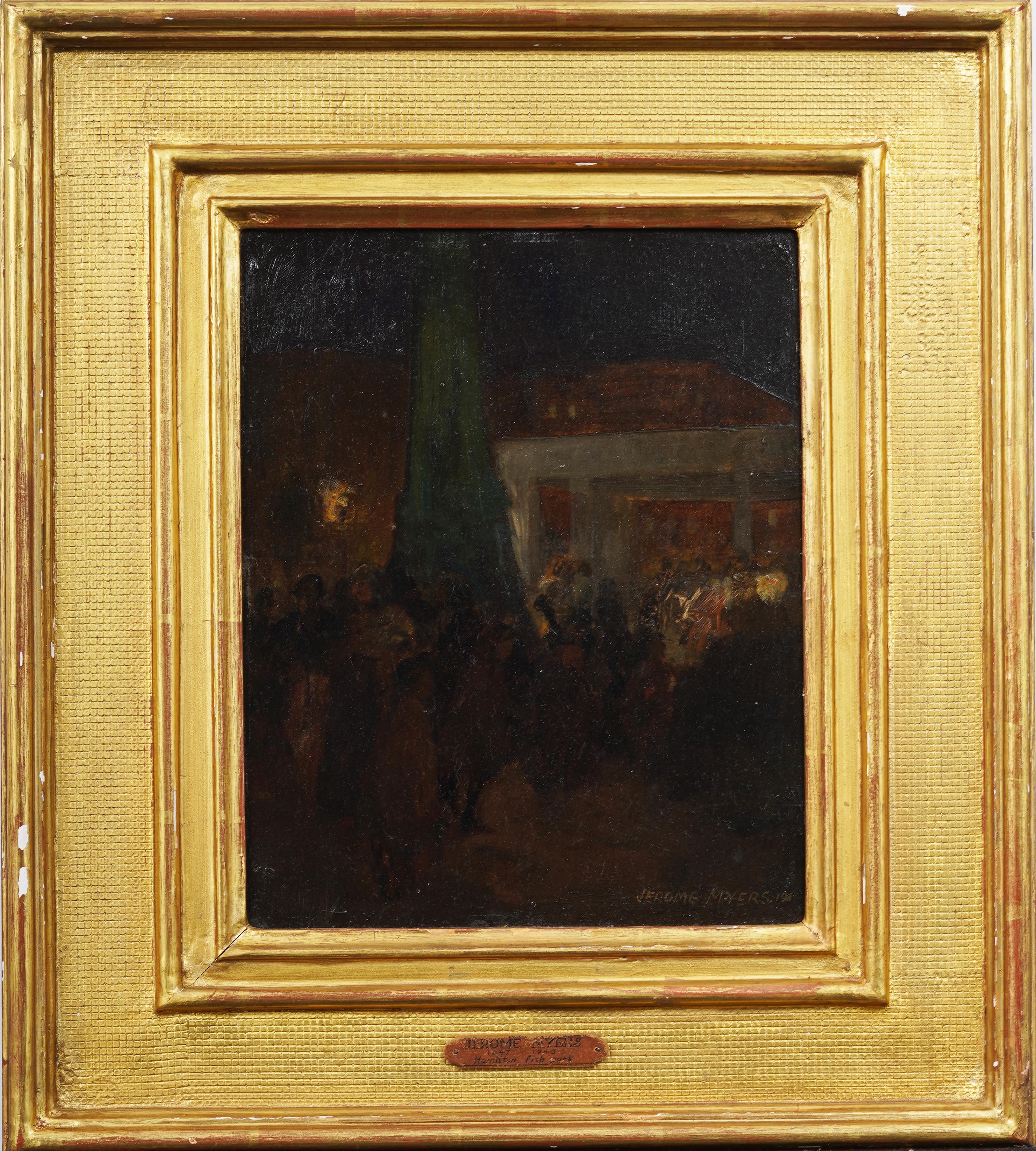 Landscape Painting di Jerome Myers (1867 - 1940) - Antico dipinto americano modernista della scuola Ashcan: scena di strada notturna firmata