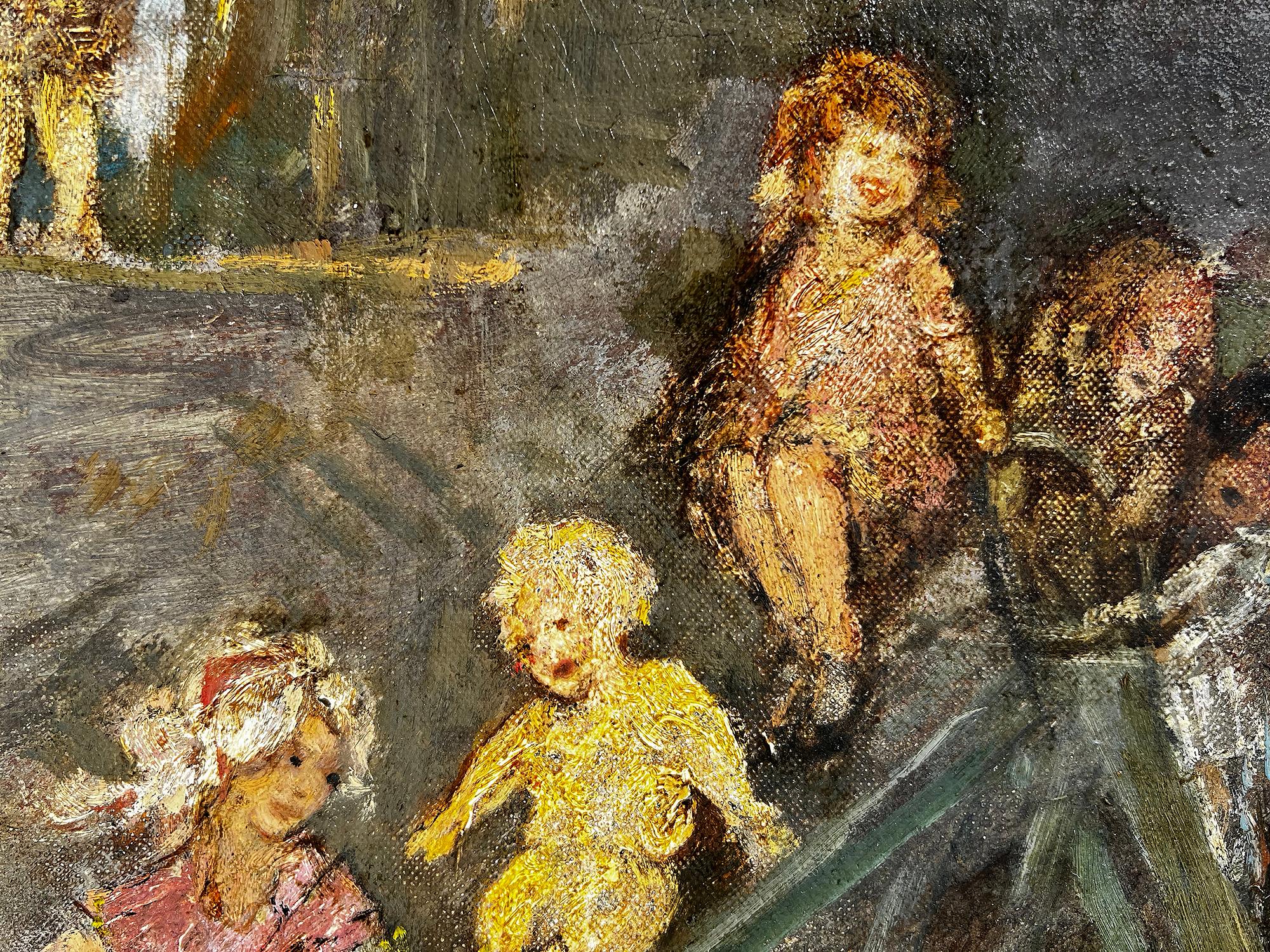 Immigrant children from New York's Lower East Side are joyfully captured whizzing down on a slide.  From the window of a tenement building, a lone adult with child witnesses the folic and fun.  Myers spent a good deal of his time depicting the