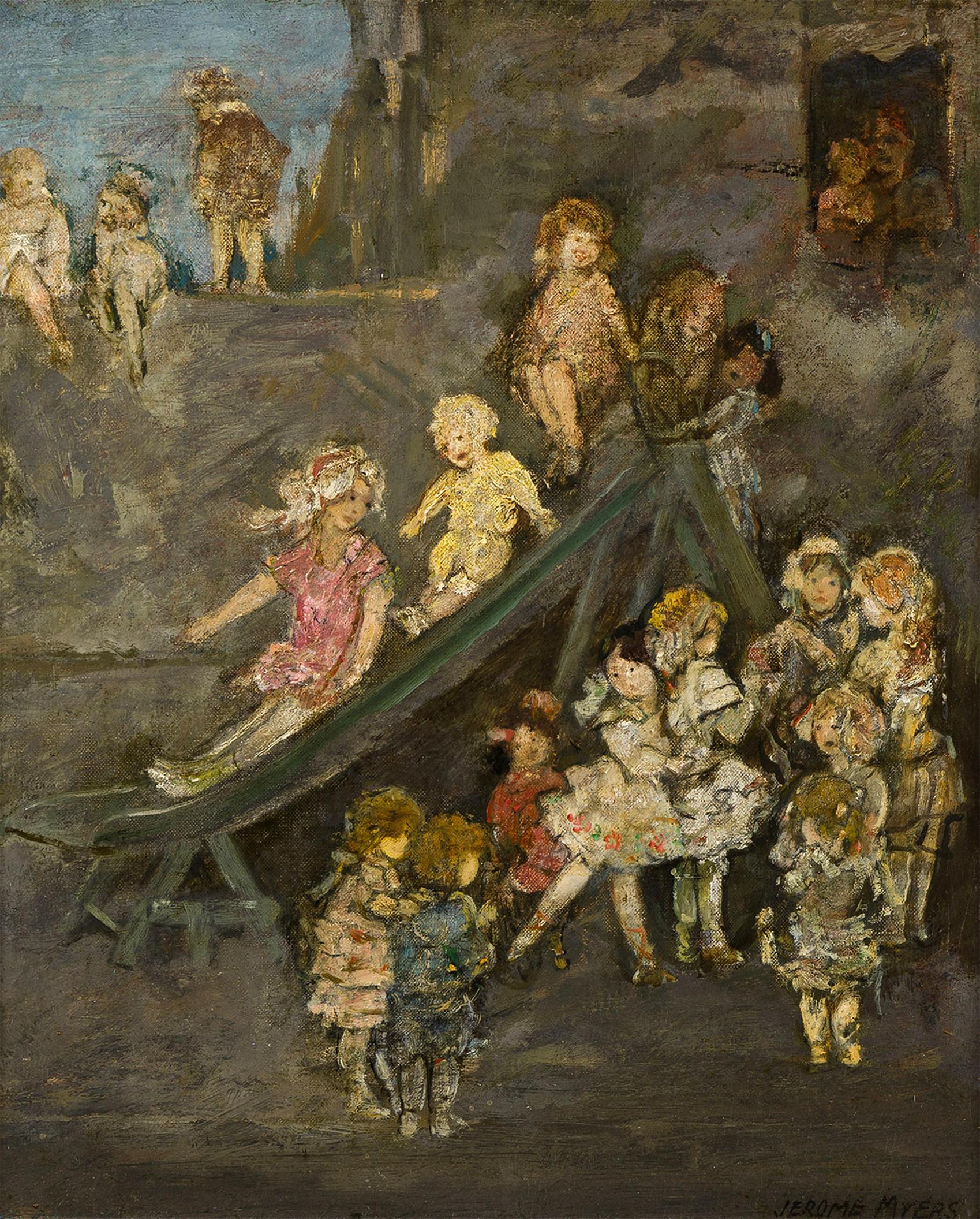 Jerome Myers Figurative Painting - Children Playing on The Slide,  Ashcan School - Lower East Side