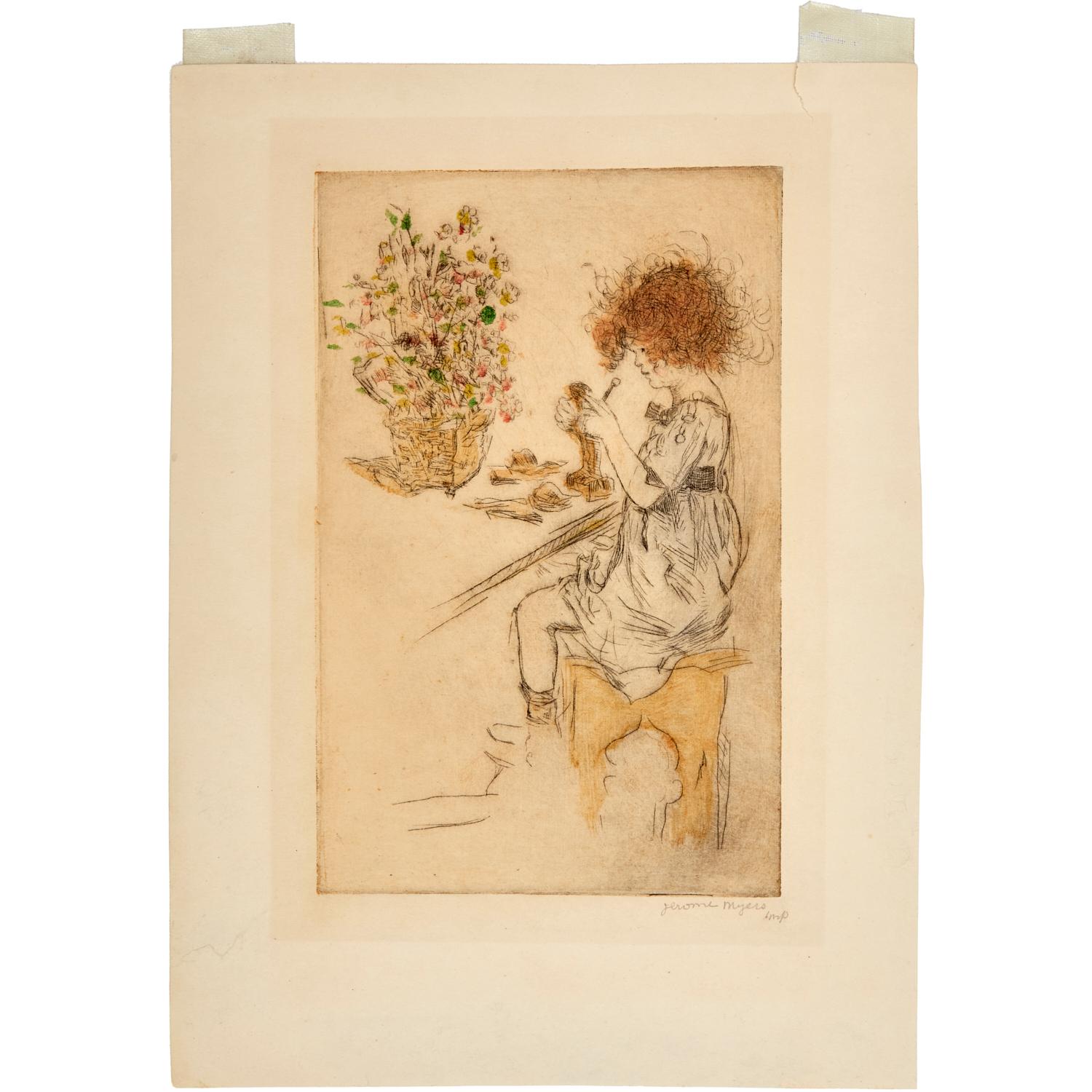 Jerome Myers, Virginia Modeling, Hand-Colored Etching, Signed “Imp”, c. 1920 For Sale 2