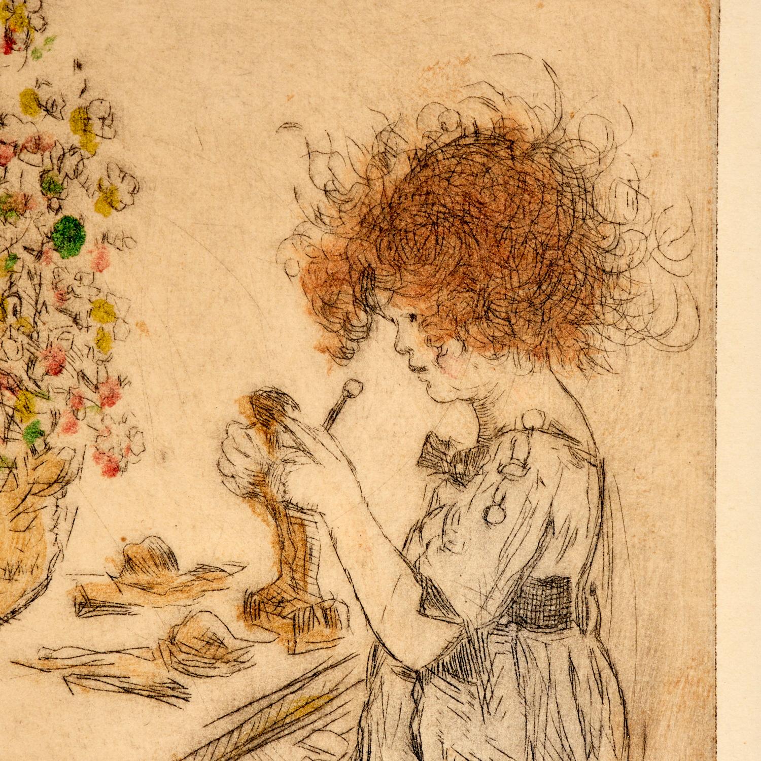 American Jerome Myers, Virginia Modeling, Hand-Colored Etching, Signed “Imp”, c. 1920 For Sale