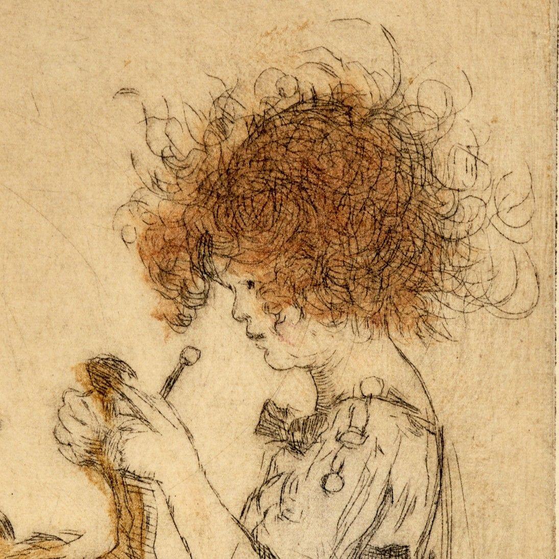 Etched Jerome Myers, Virginia Modeling, Hand-Colored Etching, Signed “Imp”, c. 1920 For Sale
