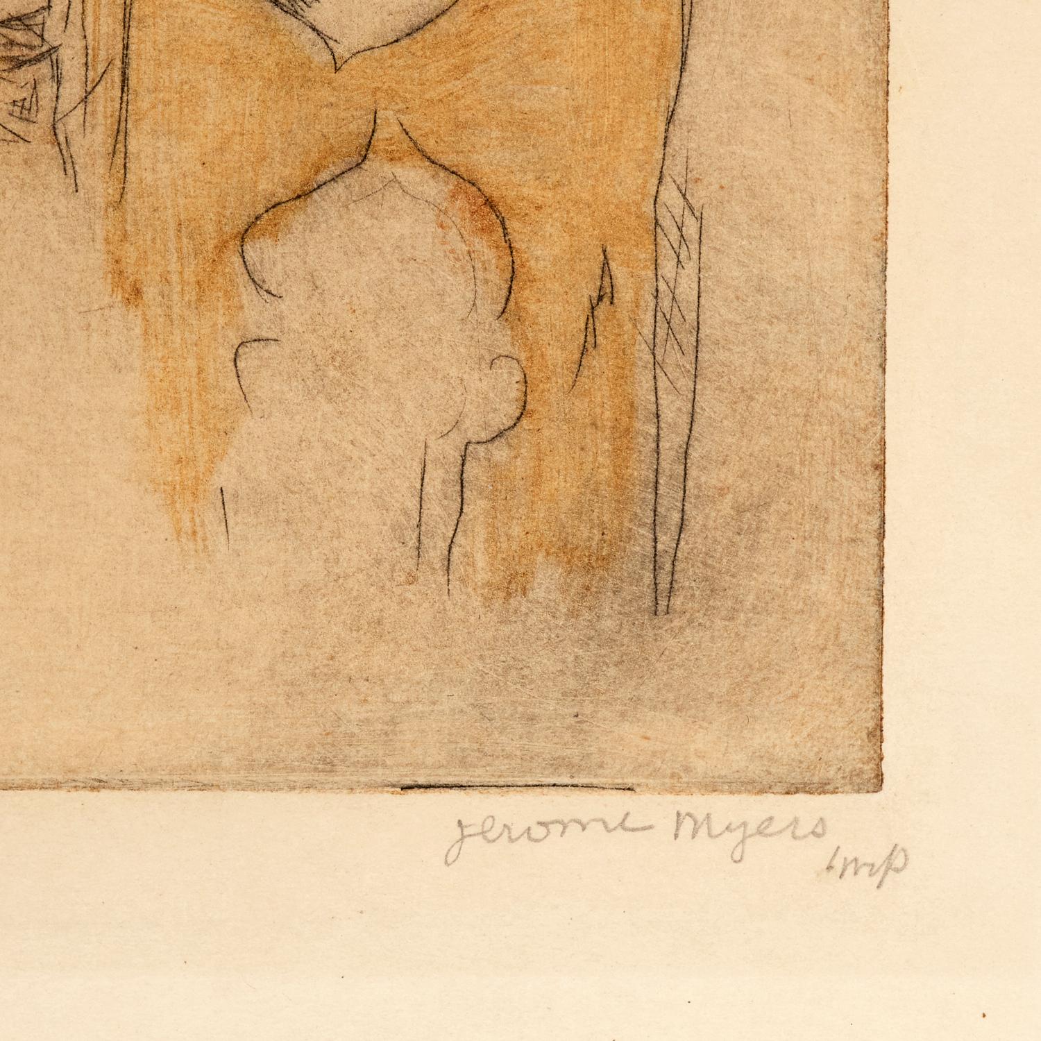 Early 20th Century Jerome Myers, Virginia Modeling, Hand-Colored Etching, Signed “Imp”, c. 1920 For Sale