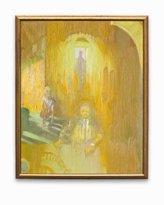 "The Three Men Each at Their Windows Light" American Figurative, Oil, YellowGold