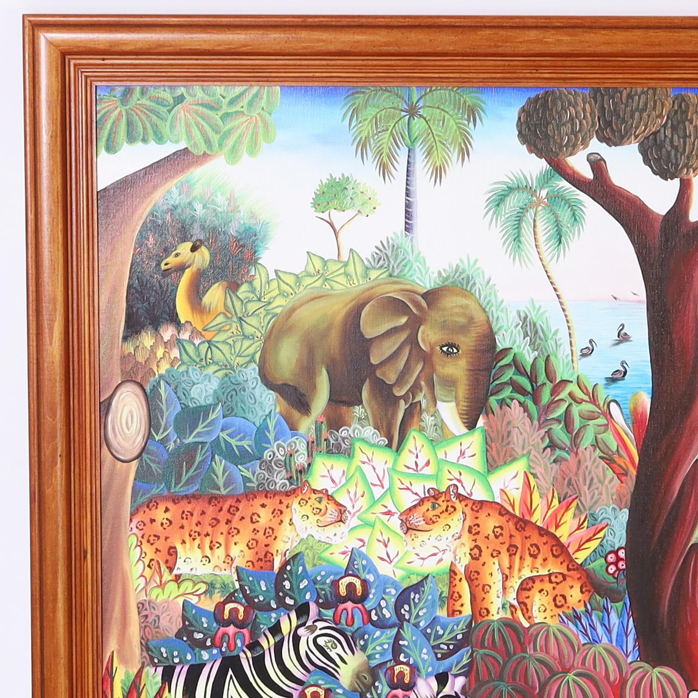 Large striking Haitian acrylic painting on canvas of a lush jungle scene with animals, trees and flowers, executed in a distinctive naive style, signed by noted artist Jerome Polycarpe and presented in a wood frame.